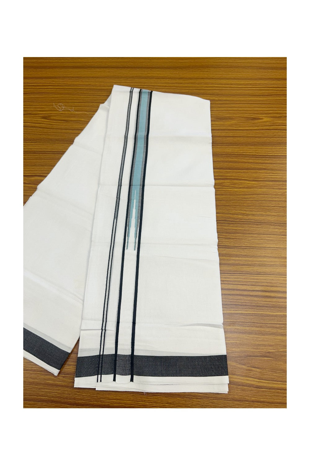 25% DISCOUNT! KaithariKada Balaramapuram 100% Mercerised Cotton Double ULTRA PURE white Mundu/Dhoti - 120x120 - 1.25 inch Heavy Chutty Black & Light Blue Green Shaded Kara -10KK5139THI