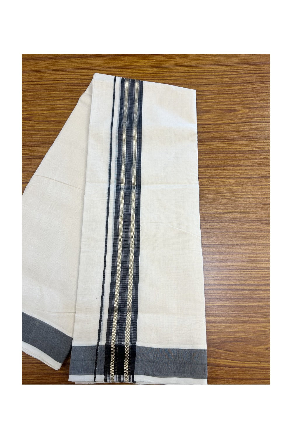 25% DISCOUNT!! KaithariKada HANDLOOM MILLPAAV Balaramapuram - 100% PURE Cotton OFF White - (Unbleached) Double Mundu/Dothi - 2.25 inch BROWN colour kasavu & Gold Kasavu Striped kara - 3KK5170RAM
