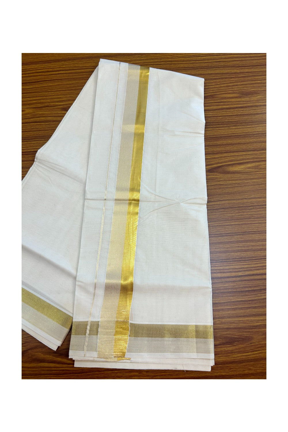 20% DISCOUNT!! KaithariKada Balaramapuram Pure Cotton DOUBLE OFF WHITE - (Ubleached) Mundu/Dhoti - 80x72 - 2 inch KASAVU Stripes Kara - 10KK5171GAN