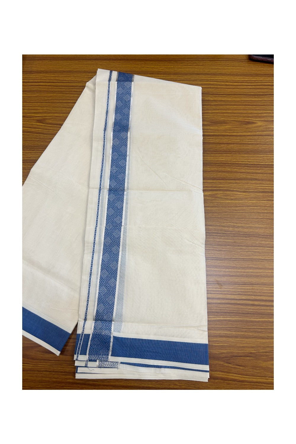 20% DISCOUNT ! KaithariKada Balaramapuram 100%  Cotton Double off white  (Unbleached) Mundu/Dhoti - 100X80 - 1.75 inch Silver kasavu & Peacock Blue jacquard design kara - 10KK5172PMC