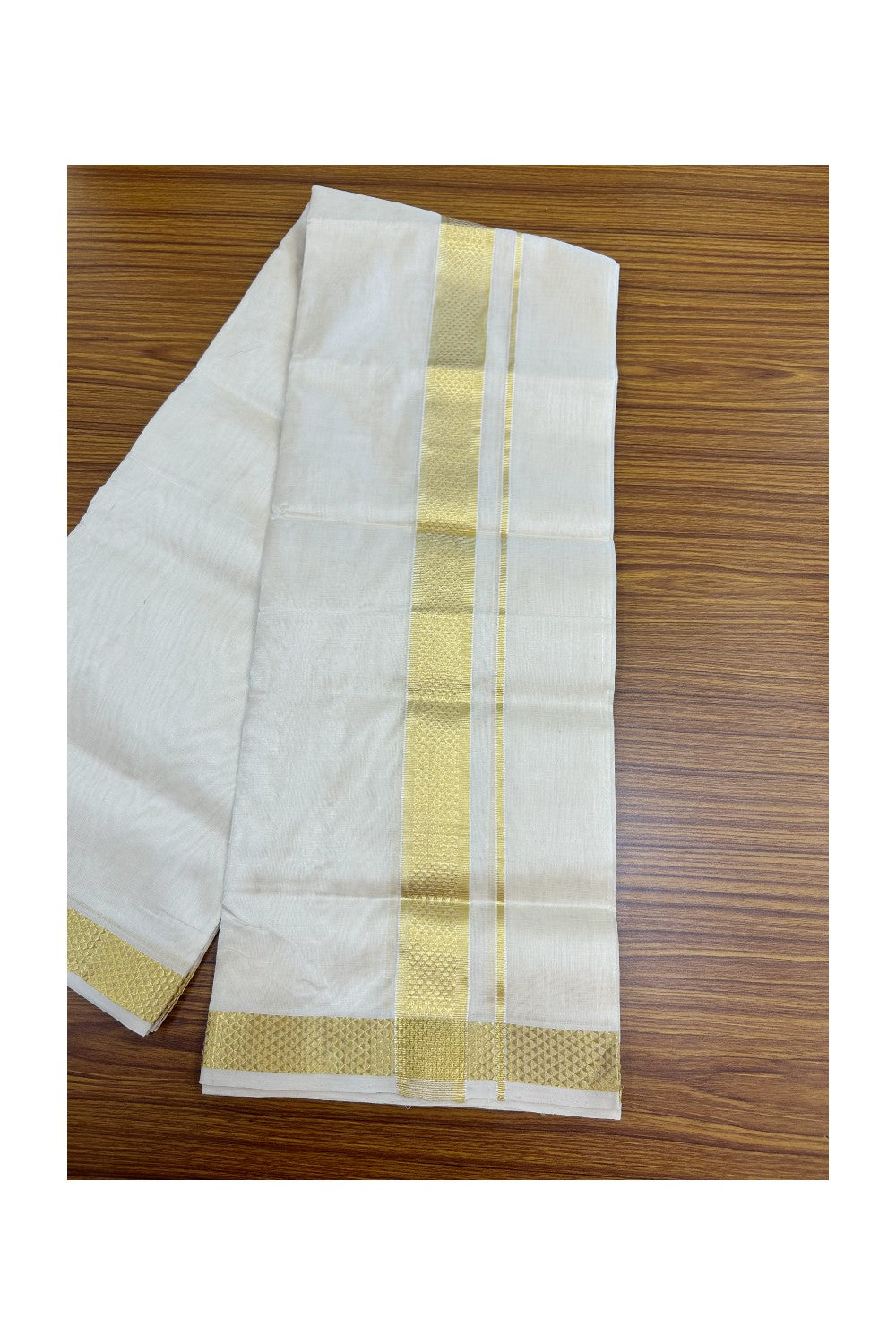 HANDLOOM Pure SILK Dhoti NEW! 25% DISCOUNT from Kaitharikada.com - BALARAMAPURAM Handloom Unakkupaav - OFF WHITE - Double Mundu/Dhoti - 100x100 - Pure cotton + Silk - 1.75 inch Gold Kasavu Designer Kara - 10KK5176ABH