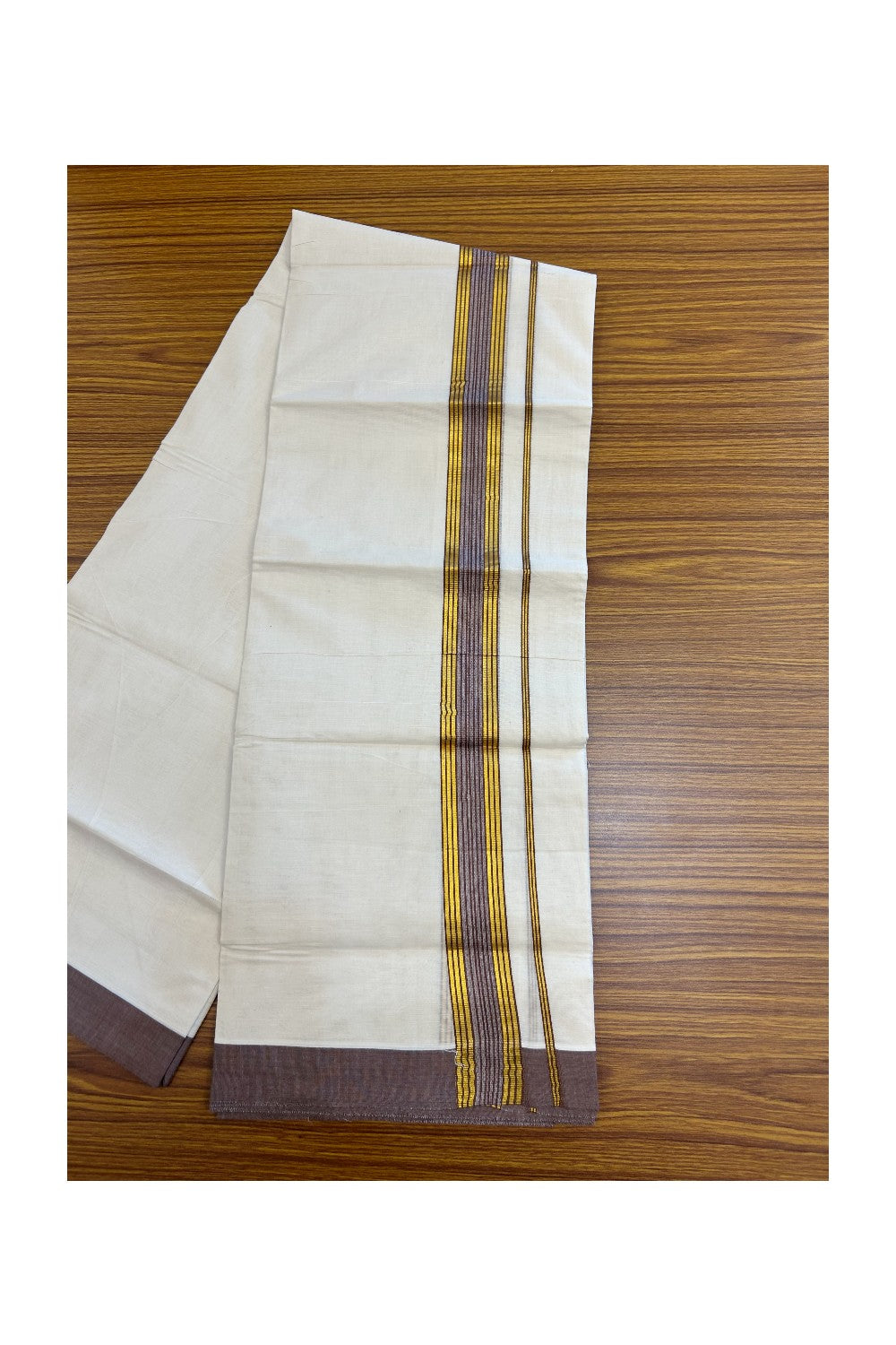 20% DISCOUNT! KaithariKada Balaramapuram Double OFF WHITE Mundu/Dhoti - 80x80- 1.5 Inch Gold Kasavu & Rosy Brown Shaded striped Kara - 10KK5182VAS