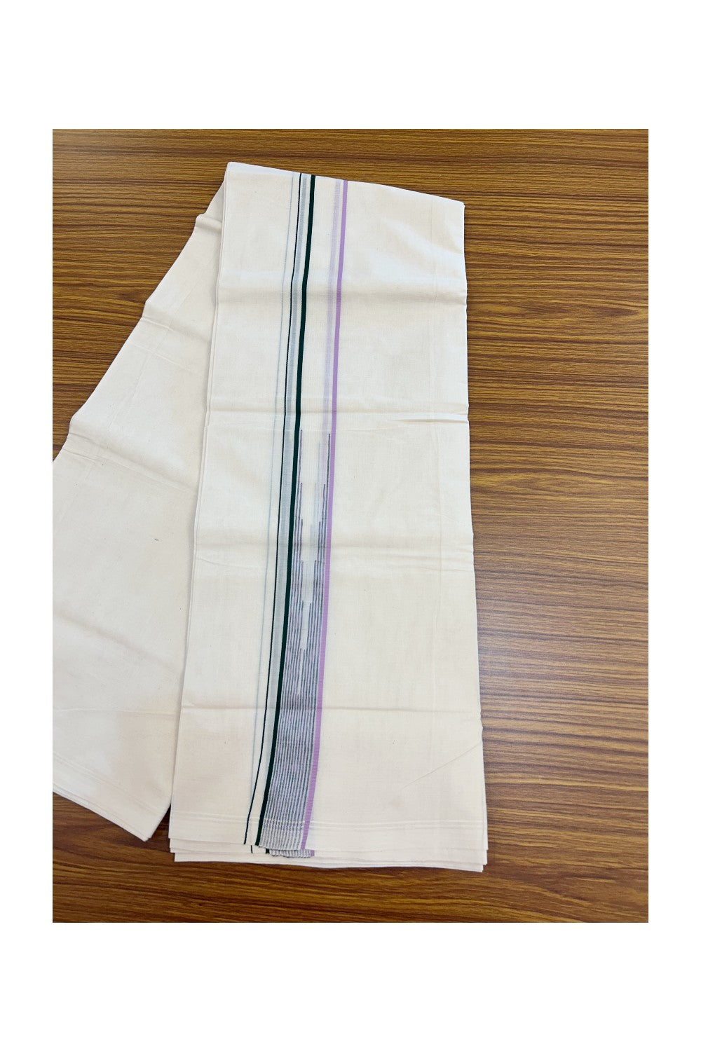 20% Discount ! Kaitharikada Balaramapuram 100% Cotton Double Off white (Unbleached) Mundu/Dhoti - 100x80 - 1.5 inch Lavender & Green Stripes Chutty Kara - 10KK5186CKS