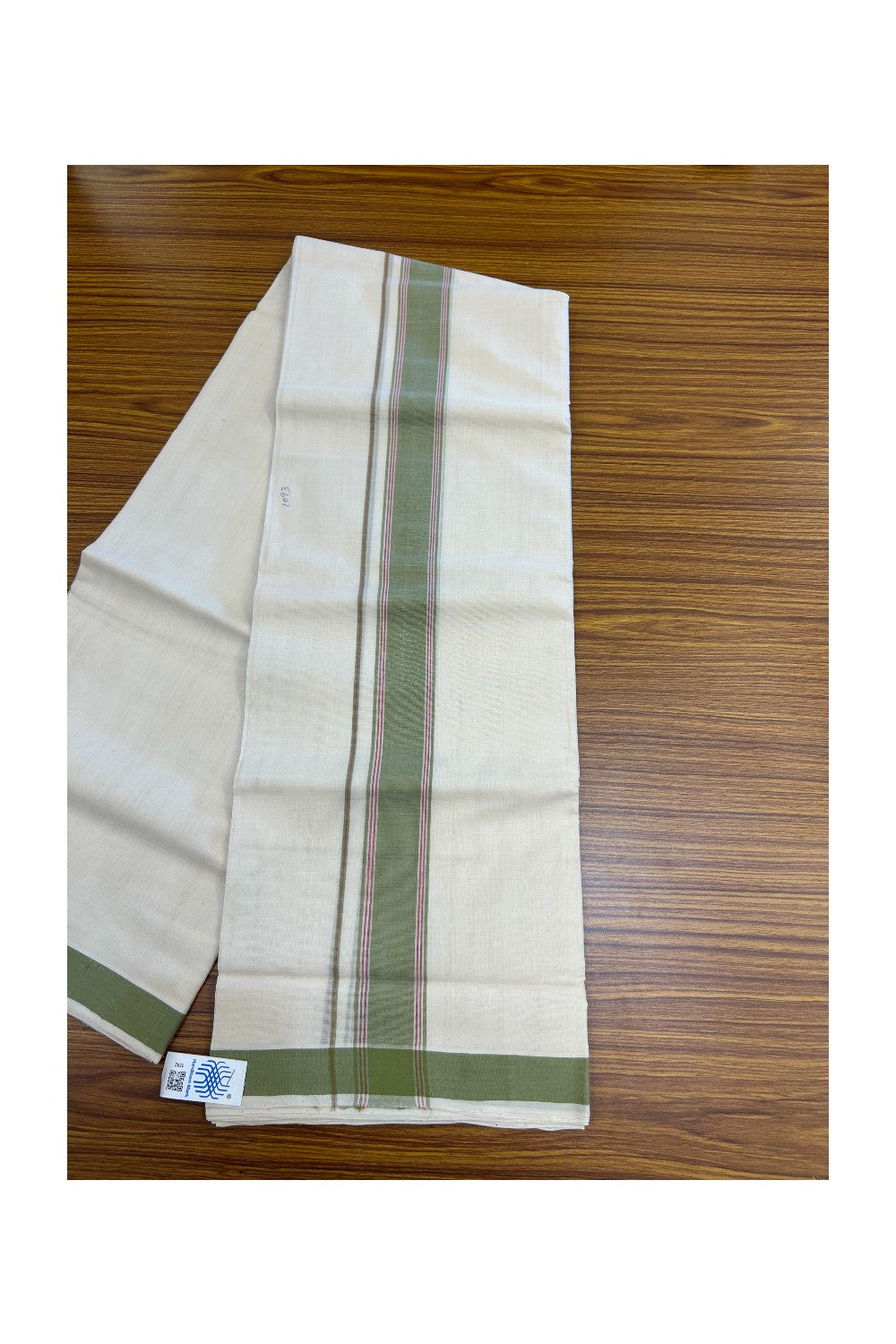 25% Discount KaithariKada HANDLOOM Unakkupaav Balaramapuram - 100% PURE Cotton off white (Unbleached) Double Mundu/Dhoti - 80X90 - 1.75 inch Light Green & Magenta Stripes Kara 3.80 mtr - 10KK5192ELA