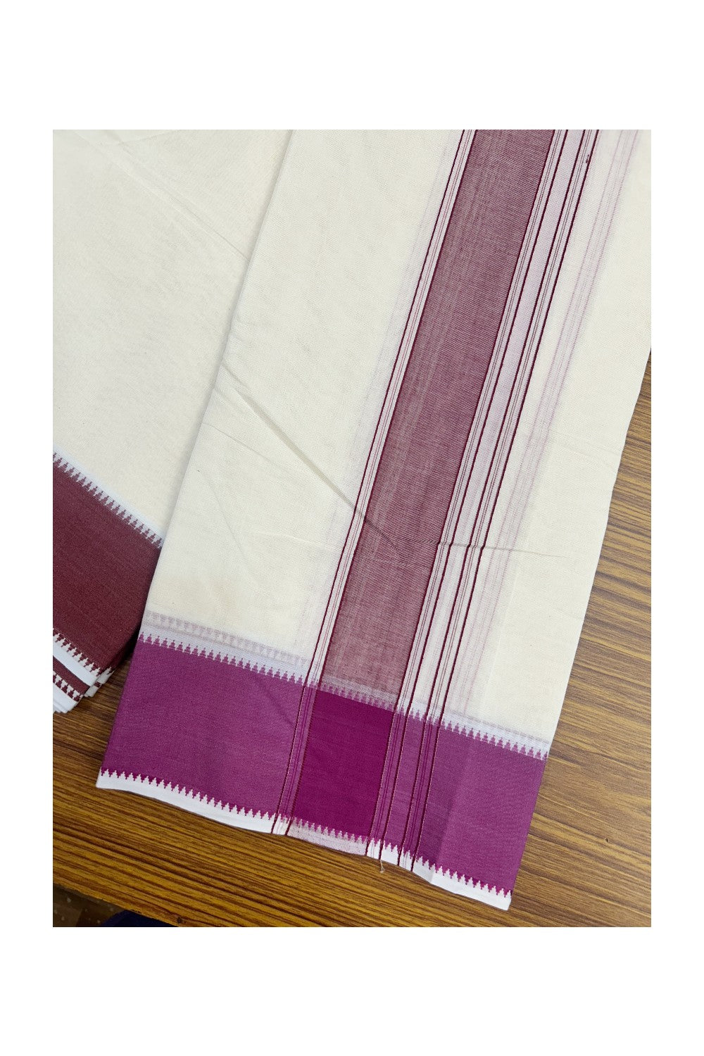 Panchakacham Dhoti - 20% DISCOUNT! KaithariKada 100% Cotton Off White - (Unbleached) - Pure Cotton -100x100 thread - NORTH INDIAN - ATTACHED GAMCHA 9X5 Dhoti Magenta & Maroon border - 10KK5196PMC