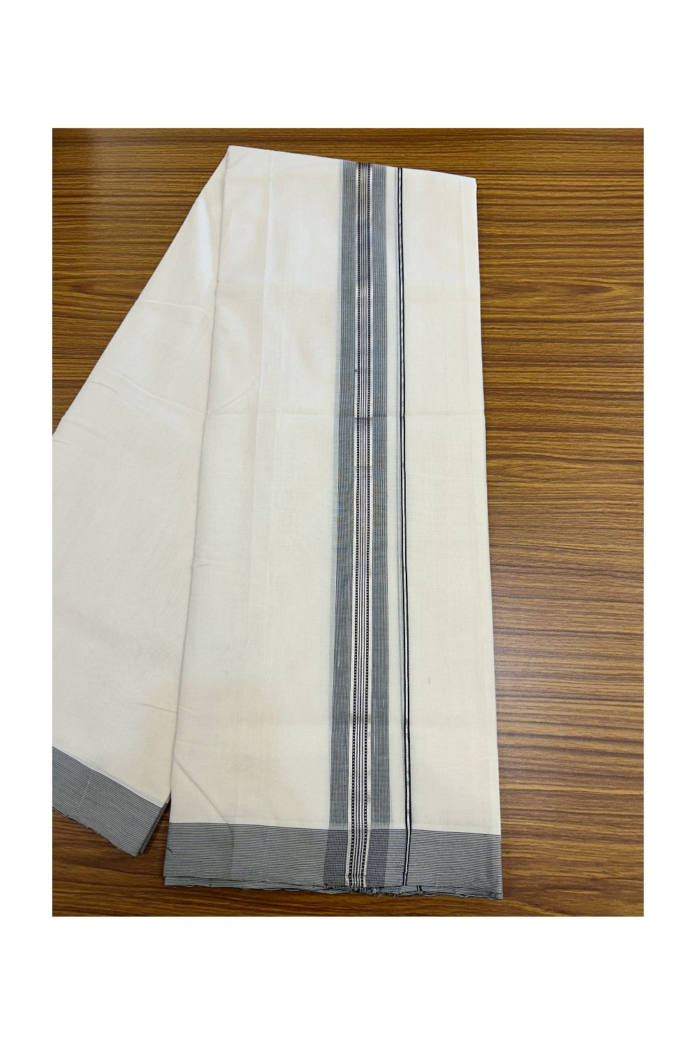 25% DISCOUNT!! KaithariKada HANDLOOM UNAKKUPAAV Balaramapuram - 100% PURE Cotton OFF White Double - (Unbleached)- Mundu/Dothi - 80X100 - 1.25 inch Black & Silver Kasavu Striped Kara - 10KK5209 REA
