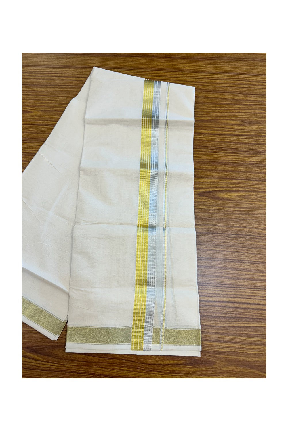 20% DISCOUNT ! KaithariKada Balaramapuram - 100% PURE Cotton Off White - (Unbleached) Double Mundu/Dhoti - 100X80 - 1.5 inch Gold Kasavu & Silver Kasavu Striped Kara - 10KK5212 VIN