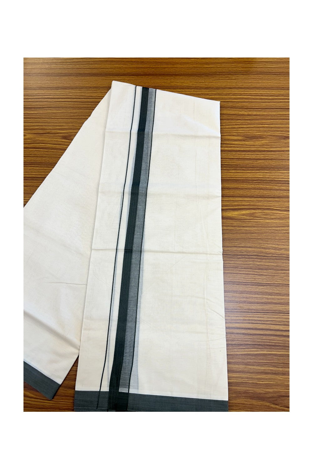24% Discount ! KaithariKada Balaramapuram 100% Cotton Double OFF WHITE- (Unbleached) - Mundu / Dhoti- 100x80 - 1.5 inch Dark Olive Green Kara - 10KK5214 MC