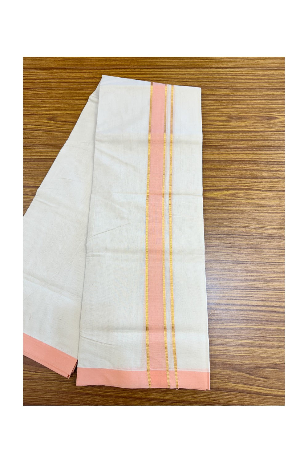 NEW !! 20% DISCOUNT!! KaithariKada Balaramapuram 100% Cotton Double Off white - (Unbleached) Mundu/Dhoti-100x80 - 1.5 inch Gold Kasavu & Peach Shaded Striped KARA - 3.75 mtr (8 Muzham) - 10KK5218 ASH