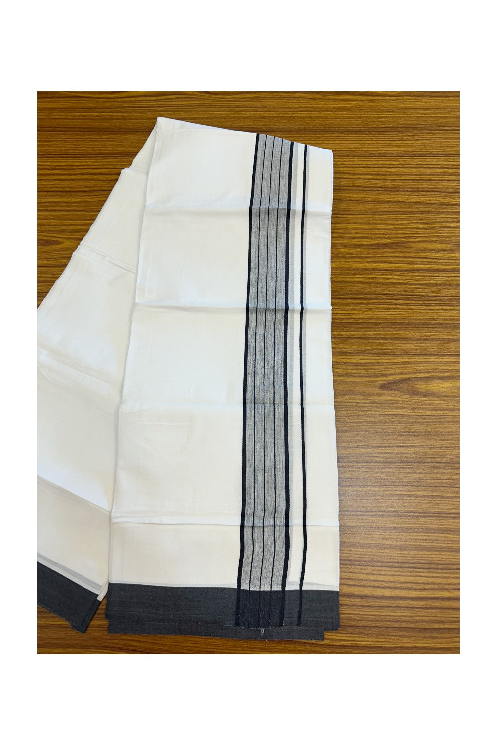 20% DISCOUNT!!! KaithariKada Balaramapuram 100% Cotton DOUBLE PURE WHITE Mundu/Dhoti - 100X80 - 2 Inch Navy Blue Shaded Stripes kara 3.75 mtr (8 muzham) - 10KK5220 THI