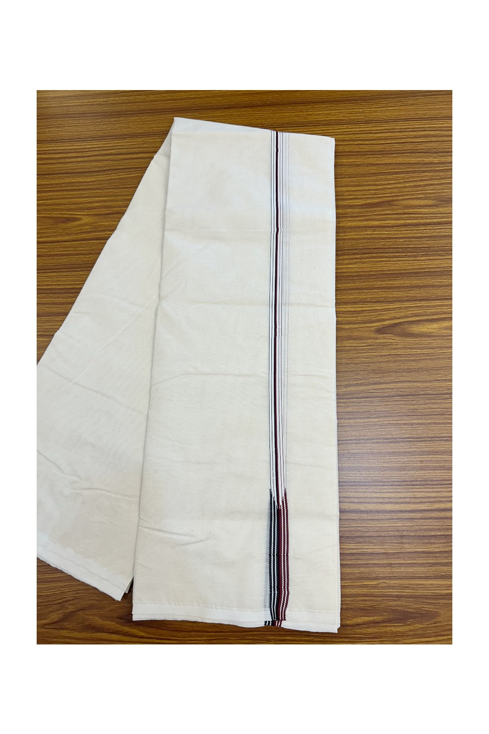 ADMK VESTHI 20% DISCOUNT ! KaithariKada Balaramapuram 100% COTTON DOUBLE OFF WHITE (Unbleached) Mundu/Dhoti-100X100- 0.75 Inch Puliyilakkara 6 Line Maroon & Black Chutty Kara - 10KK5226 ASH