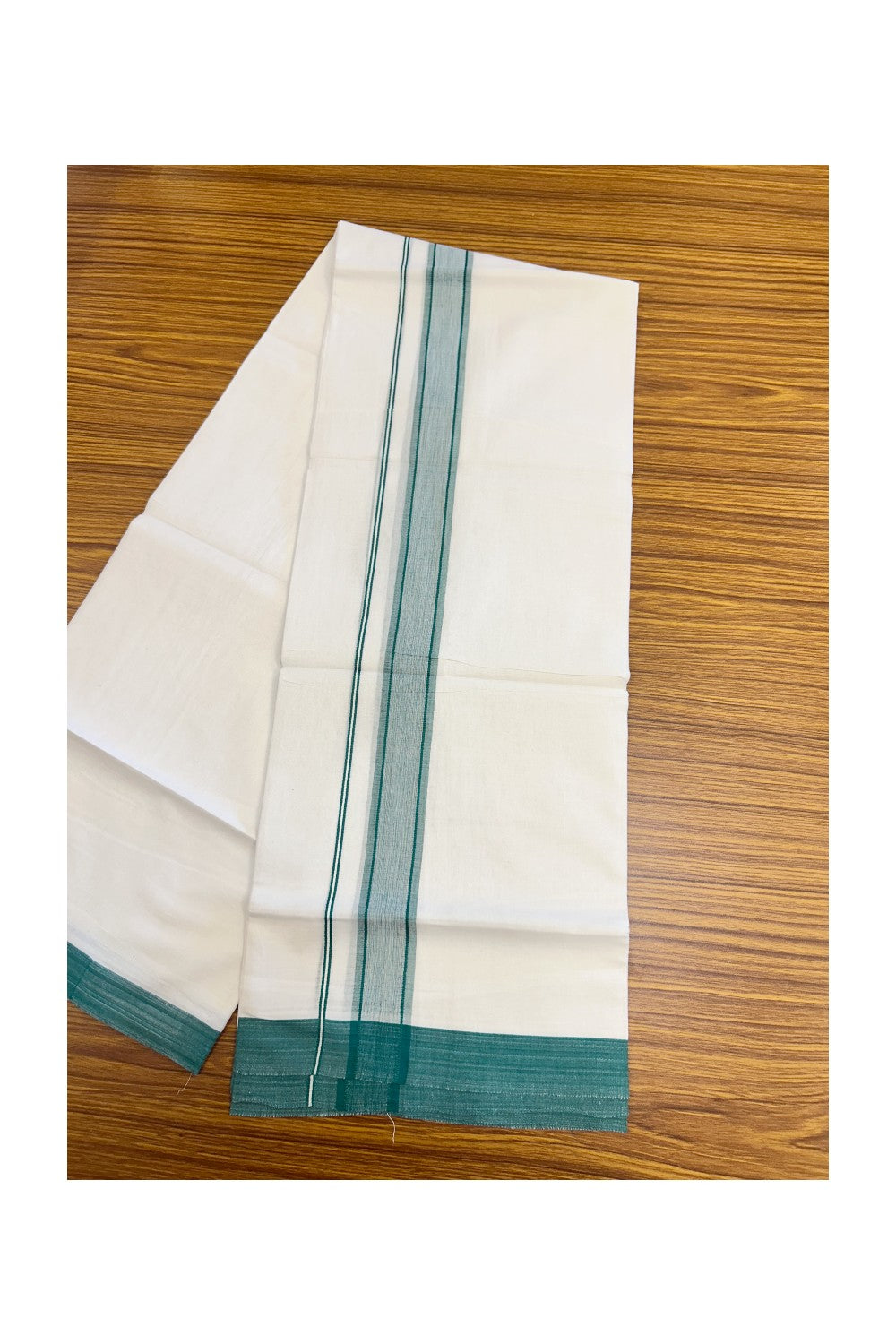 32% DISCOUNT! KaithariKada Balaramapuram 100% Cotton Double Pure white Mundu/Dhoti-( 60s ) - 1.5 inch Green Shaded Kara - 3.86mtr ( 8 muzham) - 10KK5227 PMC