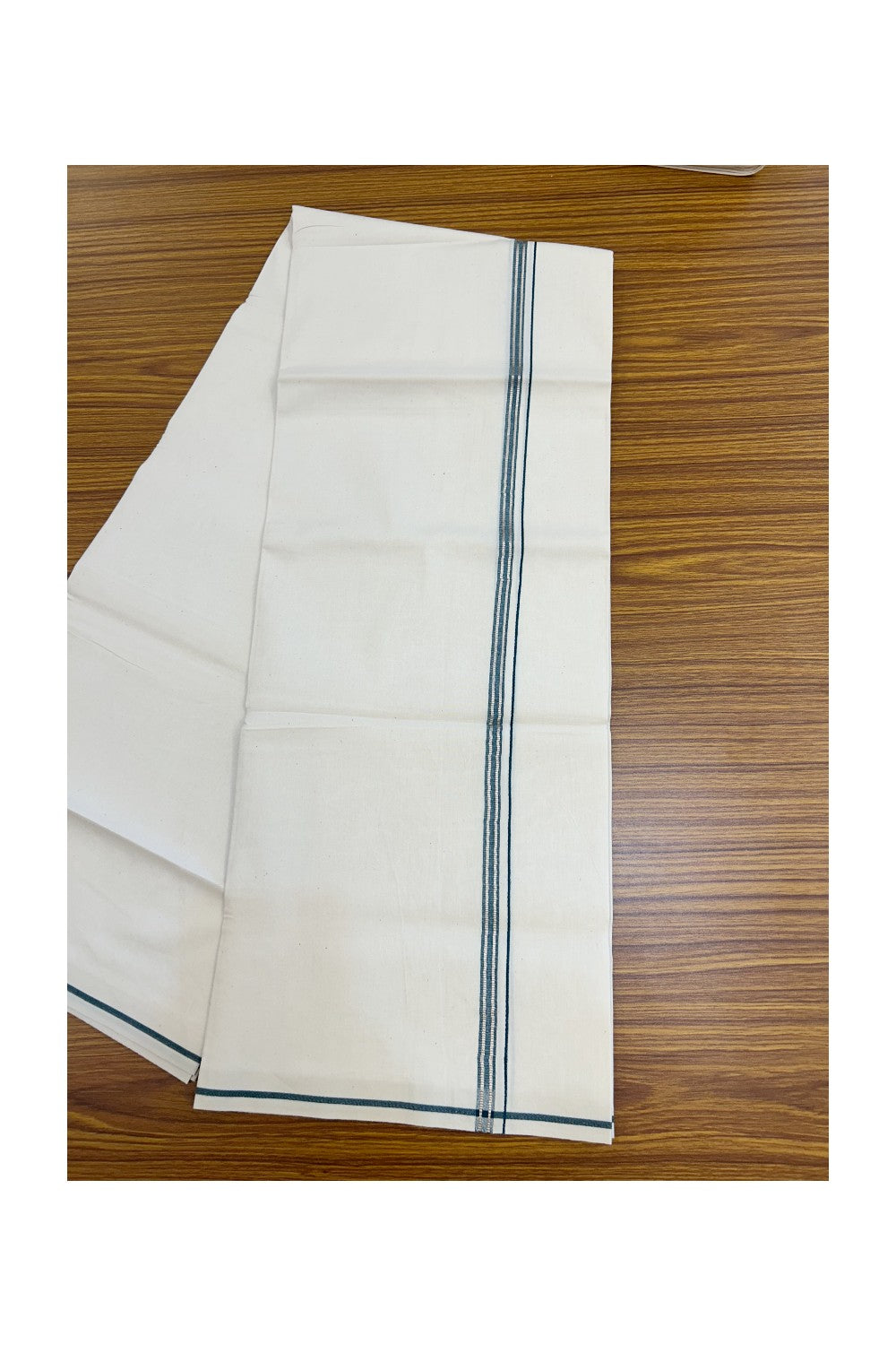 24% Discount !! KaithariKada Balaramapuram 100% Cotton OFF WHITE (Unbleached) Single Mundu/Dhoti - Twisted 60s Thread - 1 cm Silver Kasavu Green shaded Kara (2 meter / 4 muzham) - 8KK5236 GL