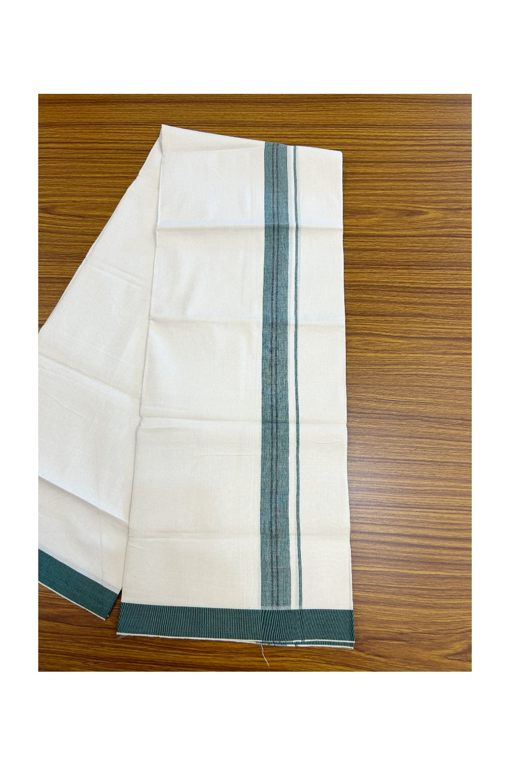24% Discount !! KaithariKada Balaramapuram 100% Cotton OFF WHITE (Unbleached) Single Mundu/Dhoti - Twisted 60s Thread - 3 cm Green & Black shaded striped Kara (2 meter / 4 muzham) - 40KK5241 GL