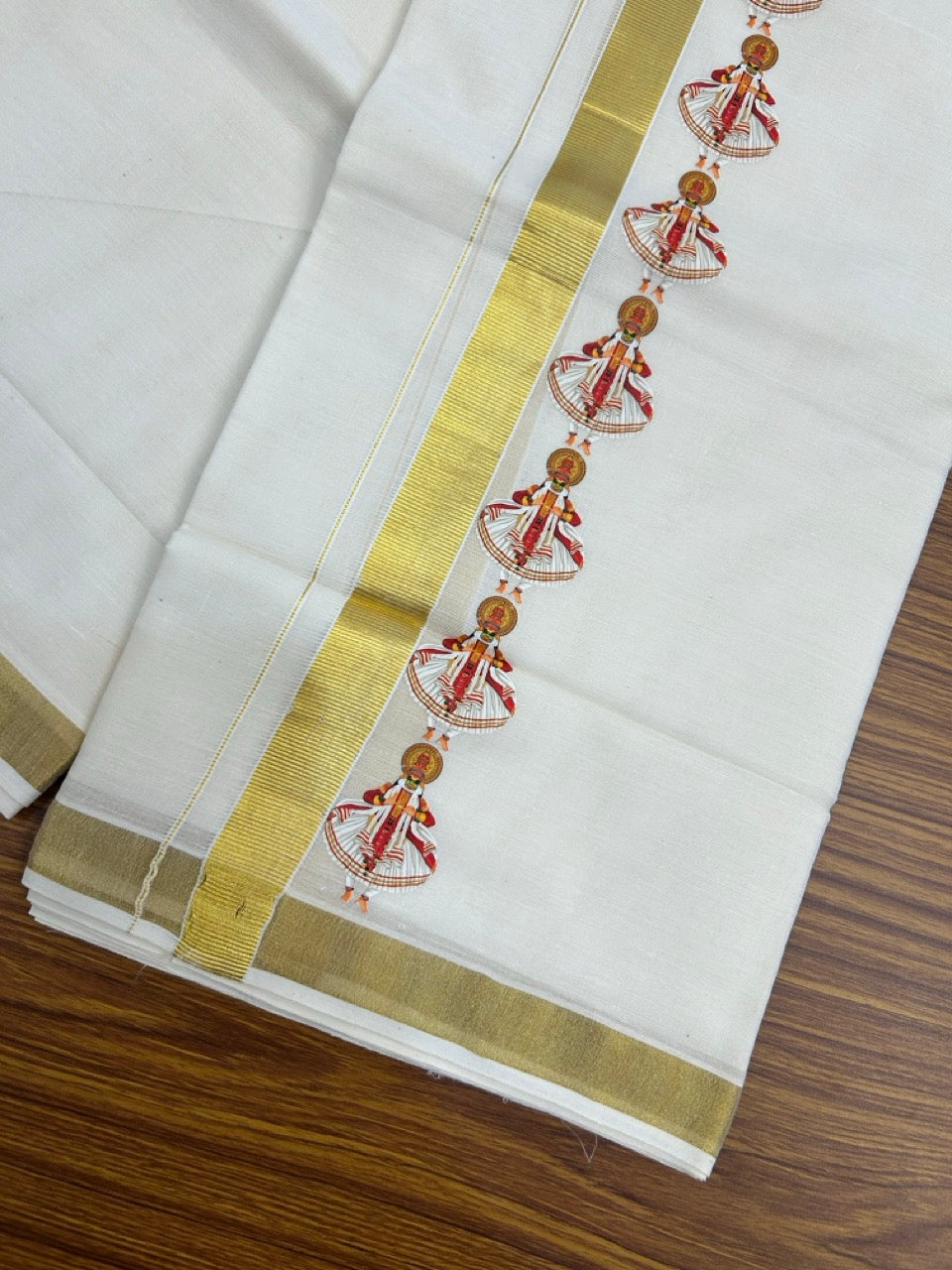 25% Discount!! KaithariKada Balaramapuram Mixed Cotton Double Off white - (Ubleached) Mundu/Dhoti - 80x72 - 1 inch Kasavu & Kathakali Printed Design Kara - 10 KK5262 MUT