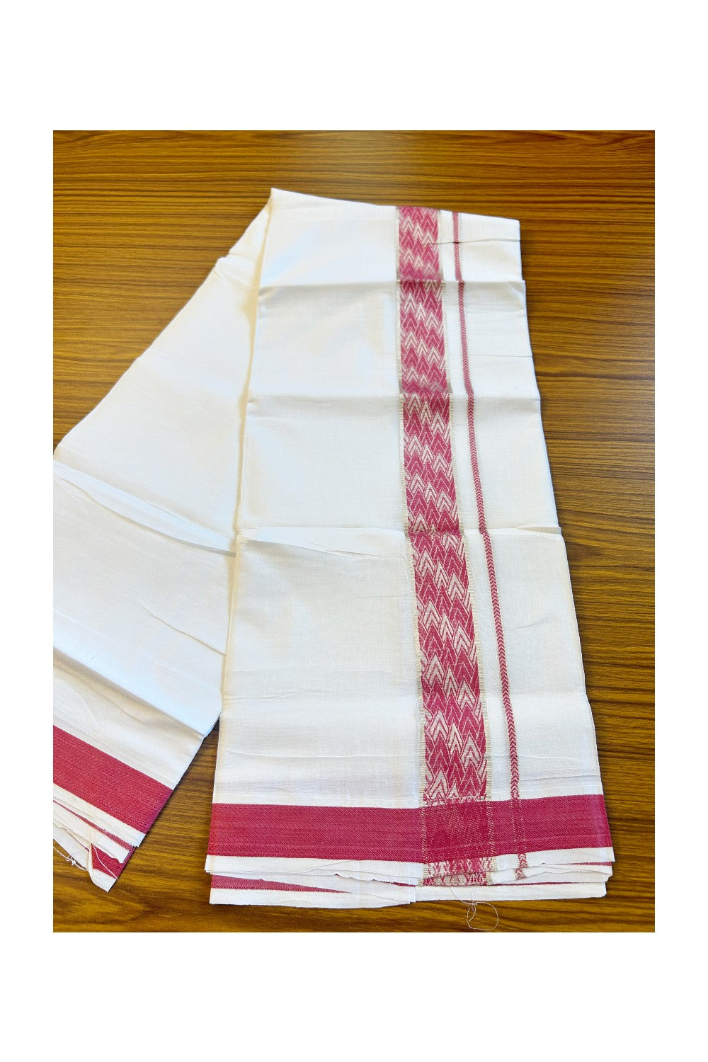 20% DISCOUNT! KaithariKada Balaramapuram 100% Cotton Double PURE white Mundu/Dhoti-100x100 2.25 Inch Silver kasavu dark pink pattern Kara - 10KK79PMC