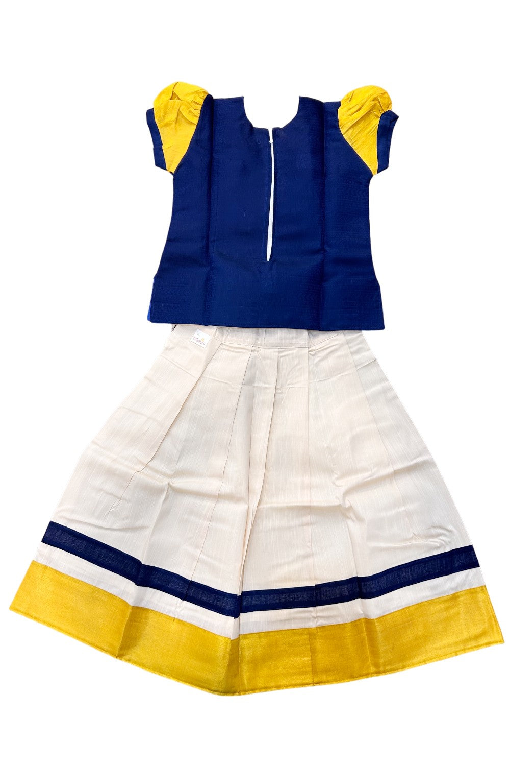 Midukki-Traditional South Indian Kids Pattu Pavada- Navy blue top with emboss work offwhite skirt with kasavu - Age 7 - KK7MID0010