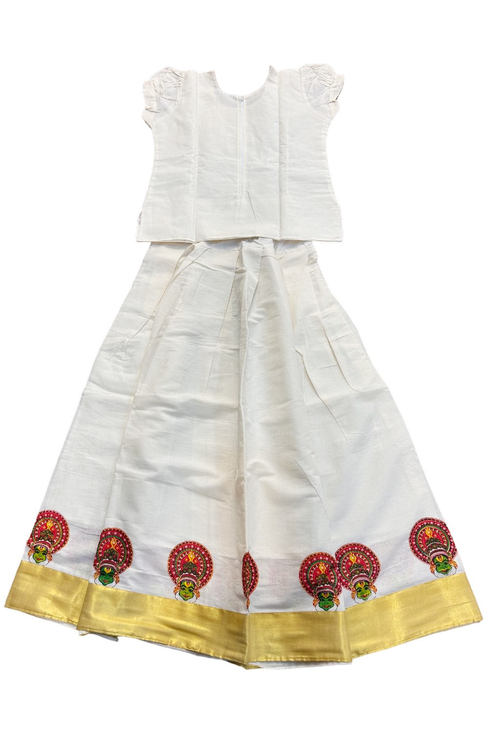 Midukki-Traditional South Indian Kids Pattu Pavada- offwhite top with kadhakali print offwhite skirt with kasavu kadhakali print - Age 12 - KK12MID0010