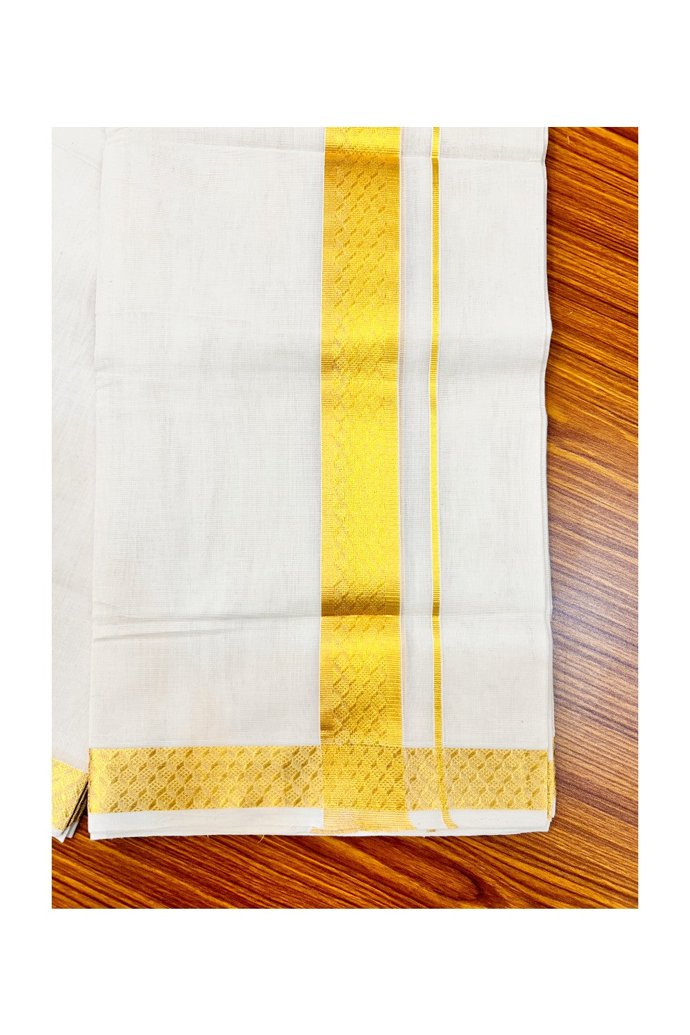 30% DISCOUNT ! KaithariKada HANDLOOM Unakkupaav Balaramapuram - 100% PURE Cotton Off White (Unbleached) Double Mundu/Dhoti - KASAVU CHECK DESIGN 2.5 inch KARA- ABH10