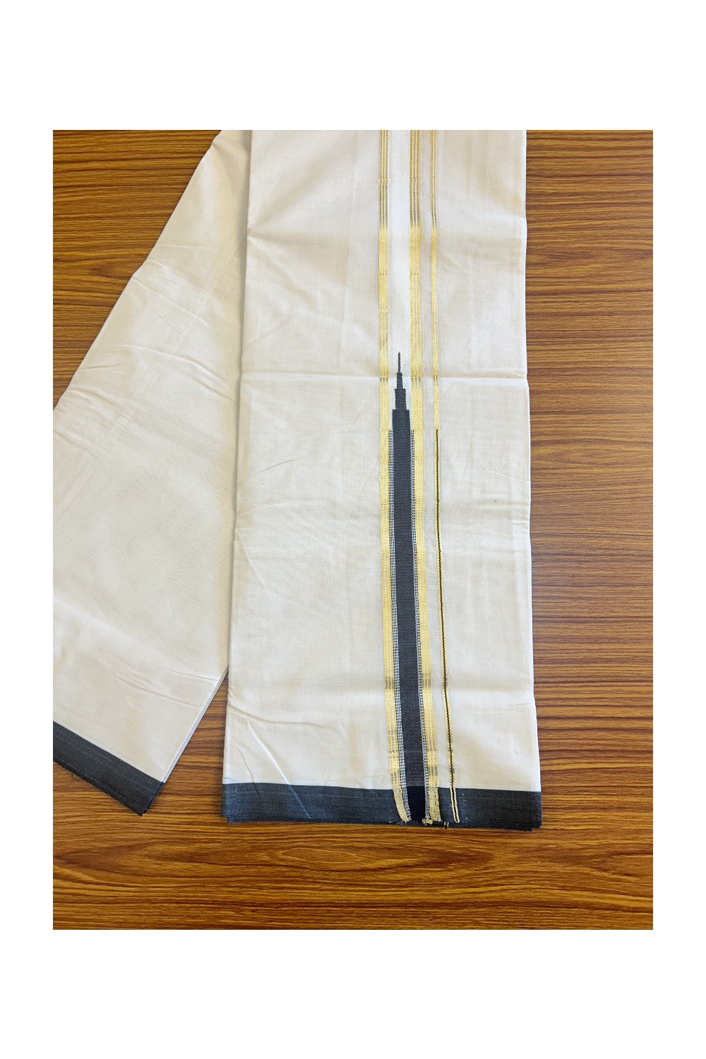 20% DISCOUNT! KaithariKada Balaramapuram 100% Cotton Double Off white Mundu/Dhoti-100x100 1.5 inch HEAVY CHUTTY BLACK & Puliyilakkara Kasavu kara - 10KK136ASH
