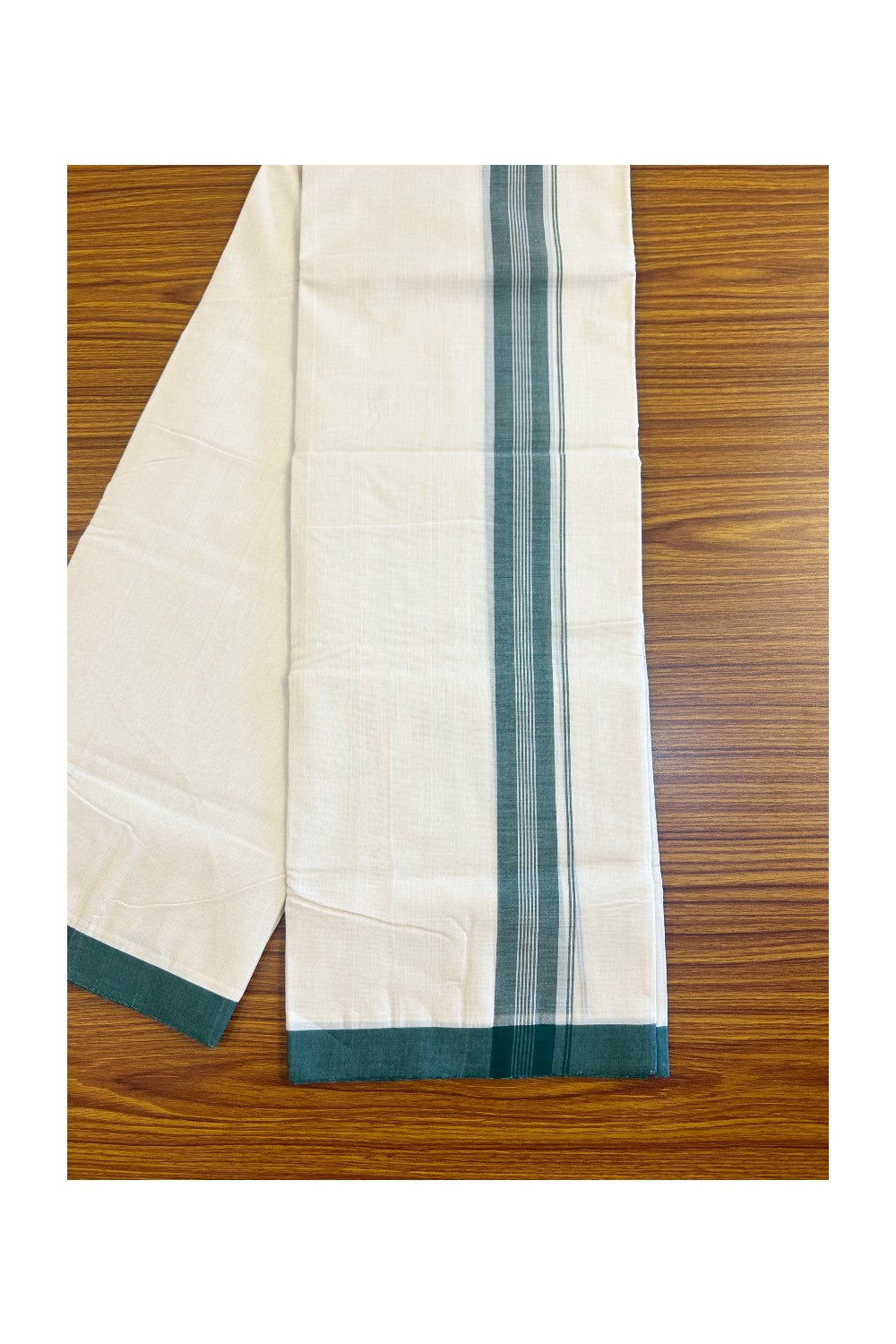 25% DISCOUNT!! KaithariKada HANDLOOM Millpaav Balaramapuram - 100% PURE Cotton OFF White (Unbleached) Double Mundu/Dothi - 1.75 inch DARK GREEN & White striped kara 3.70 meters (8 Muzham) - 10KK453RAM