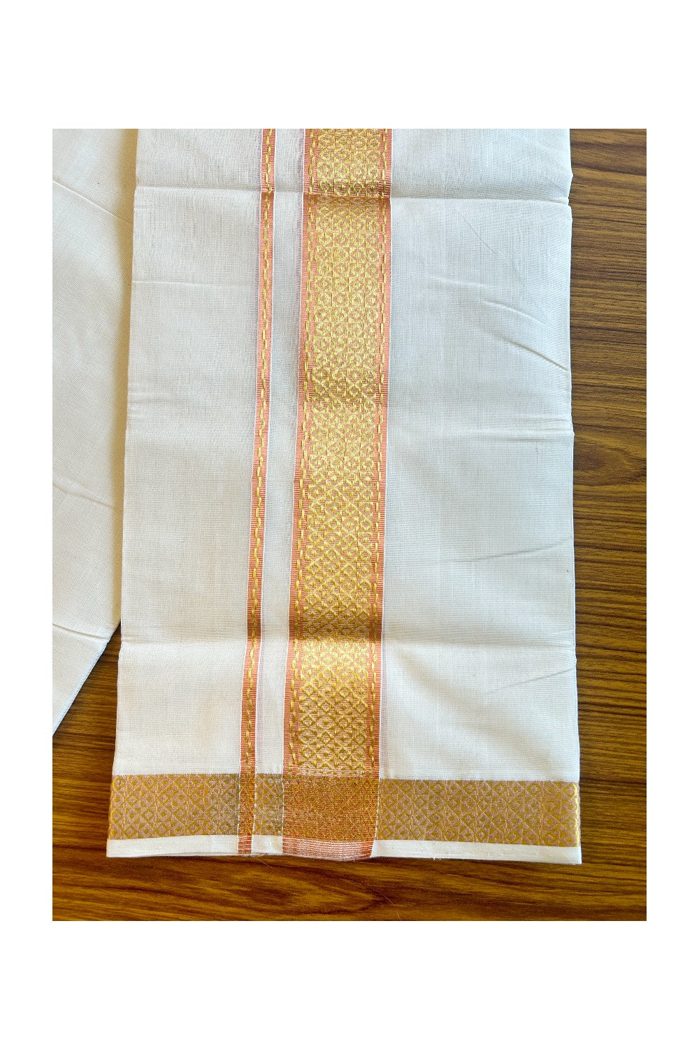 30% DISCOUNT!! KaithariKada HANDLOOM UNAKKUPAAV Balaramapuram - 100% PURE Cotton OFF White (Unbleached) Double Mundu/Dothi - 3 Inch Kasavu & Copper designer Kara - 10KK456KK