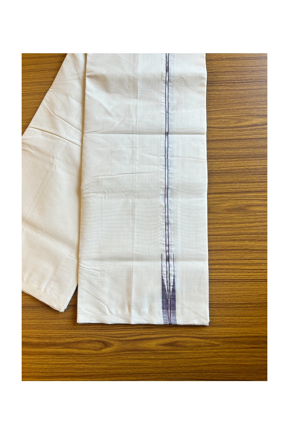 ONAM SPECIAL 25% DISCOUNT!! KaithariKada HANDLOOM UNAKKUPAAV Balaramapuram - 100% PURE Cotton OFF White - (Unbleached) Double Mundu/Dothi - 2.5 cm Puliyilakkara silver kasavu Purple chutty - 10KK462RAM