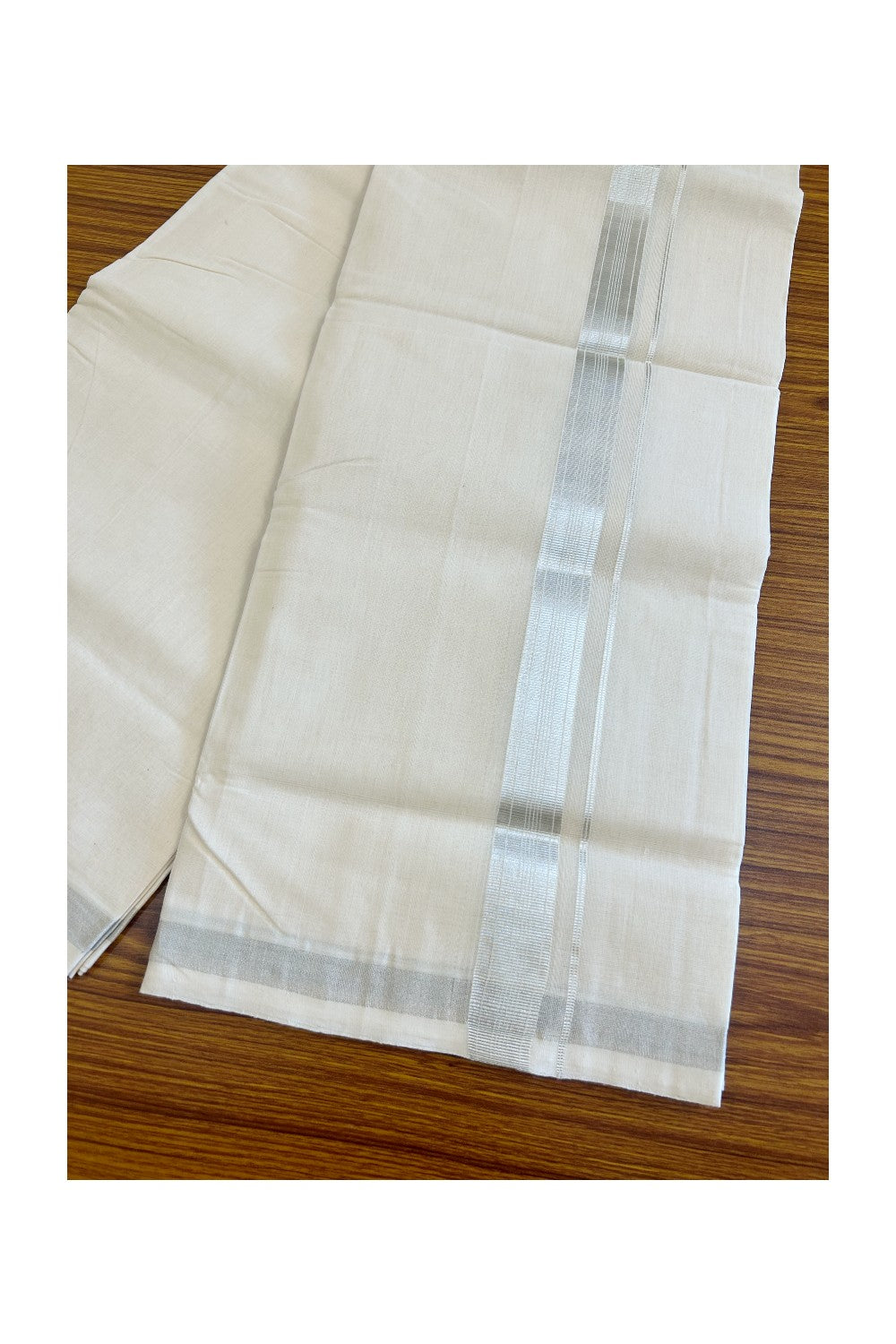 25% DISCOUNT! KaithariKada HANDLOOM Millpaav Balaramapuram - 100% PURE Cotton Off White - (Unbleached) - Double Mundu/Dhoti - 1.75inch Silver Kasavu Striped - 10KK498KK