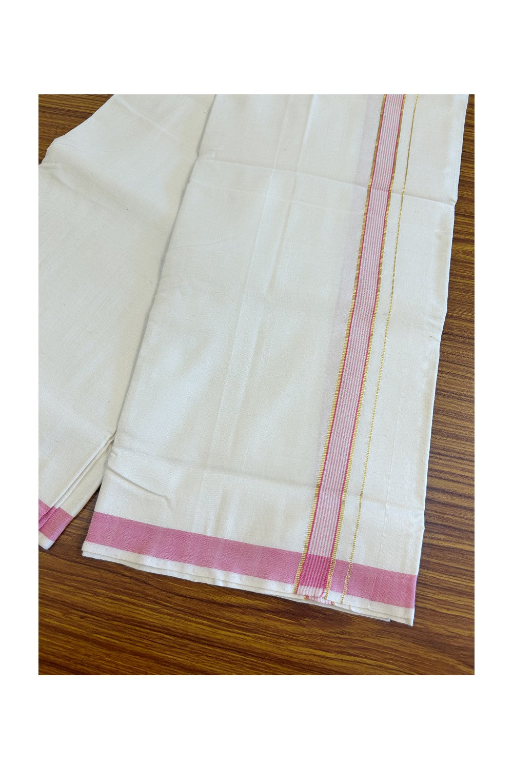 25% Discount KaithariKada 100% Cotton Balaramapuram HANDLOOM Single Mundu/Dhoti - Off White (Unbleached)1.45 inch Kasavu & Pink striped Kara (2 meter / 4 muzham) - 10KK499KK