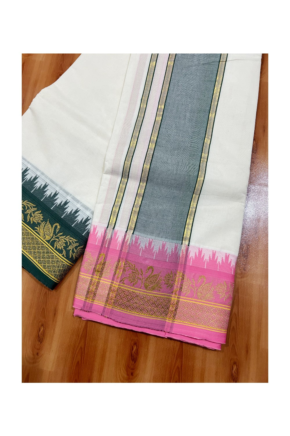 Panchakacham Dhoti - 37% DISCOUNT! KaithariKada - Cotton Mix - Off White - (Unbleached)- 80 x80 thread - 80% Cotton & 20% Polyester - NORTH INDIAN ATTACHED GAMCHA 9X5 Dhoti 5 inch Green kara with Pink & Green Kasavu Design border - 10KK5005PMC