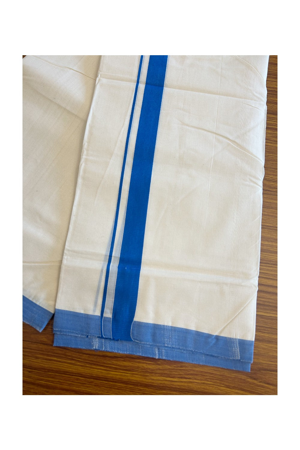 30% DISCOUNT! KaithariKada Balaramapuram HANDLOOM 100% Cotton Double Off white - (Unbleached) Mundu/Dhoti-100X100- 1.5inch BLUE Kara-51