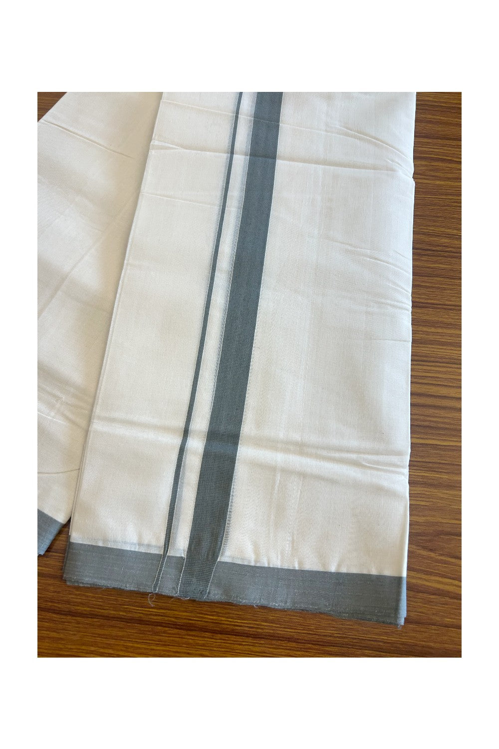 25% DISCOUNT! KaithariKada HANDLOOM Millpaav Balaramapuram - 100% PURE Cotton Off White - (Unbleached) Double Mundu/Dhoti -1.5 inch GREY KARA -1.