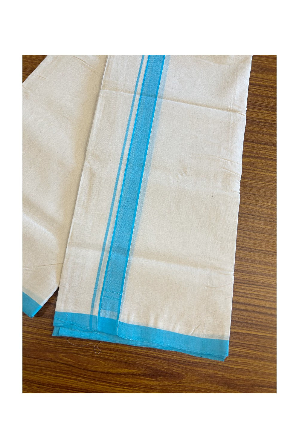 25% Discount ! KaithariKada Balaramapuram Handloom Unakkupaav- 100% Pure Cotton off white (Unbleached) 100x100 3.80 Meter Double Mundu/Dhoti (8 Muzham)- Sky Blue Kara
