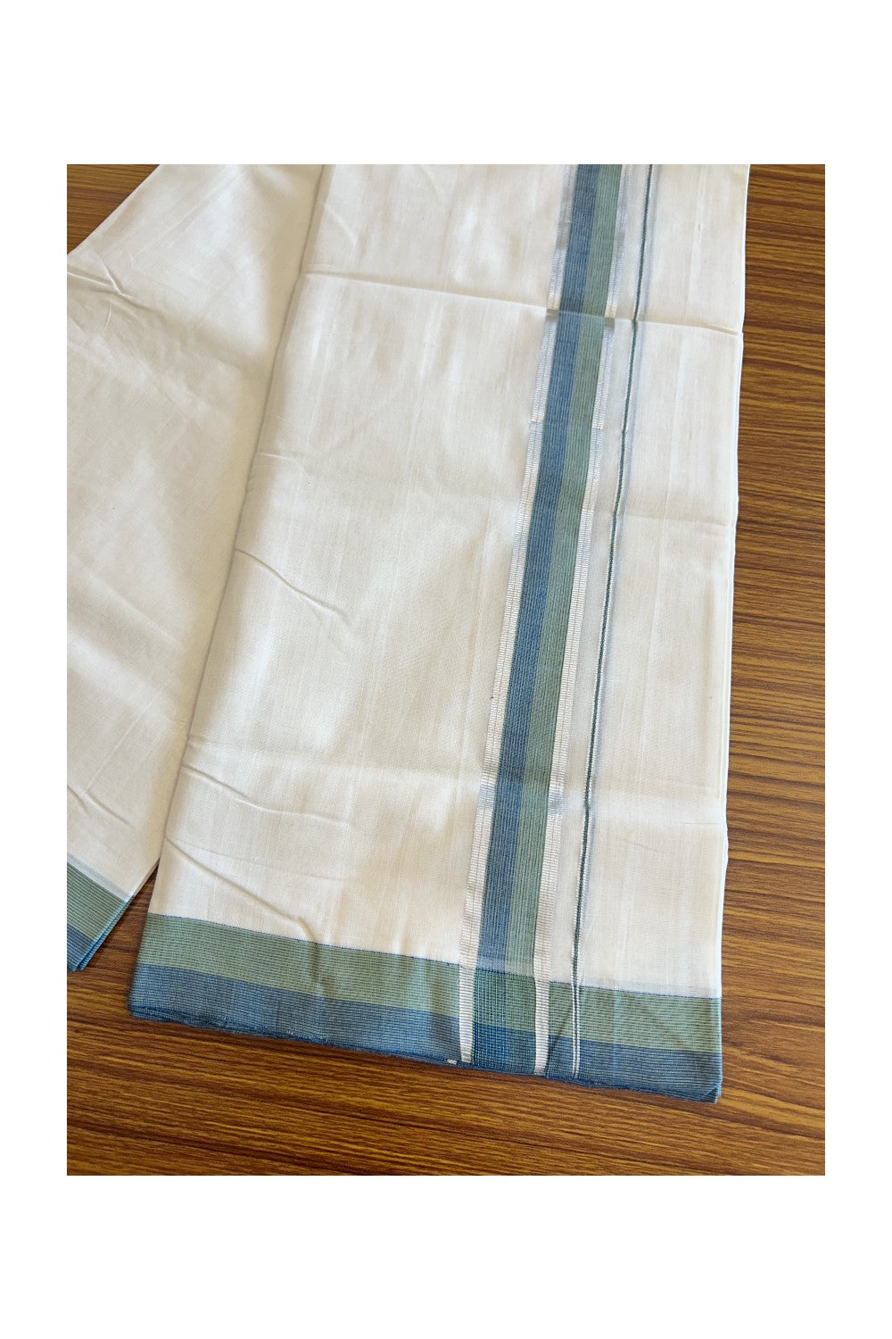 25% Discount !! KaithariKada HANDLOOM UNAKKUPAAV Balaramapuram - 100% PURE Cotton off white - (Unbleached) Double Mundu/Dhoti - 2 inch Silver kasavu Light Green & Peacock Blue Shaded kara - 10KK5082RAM