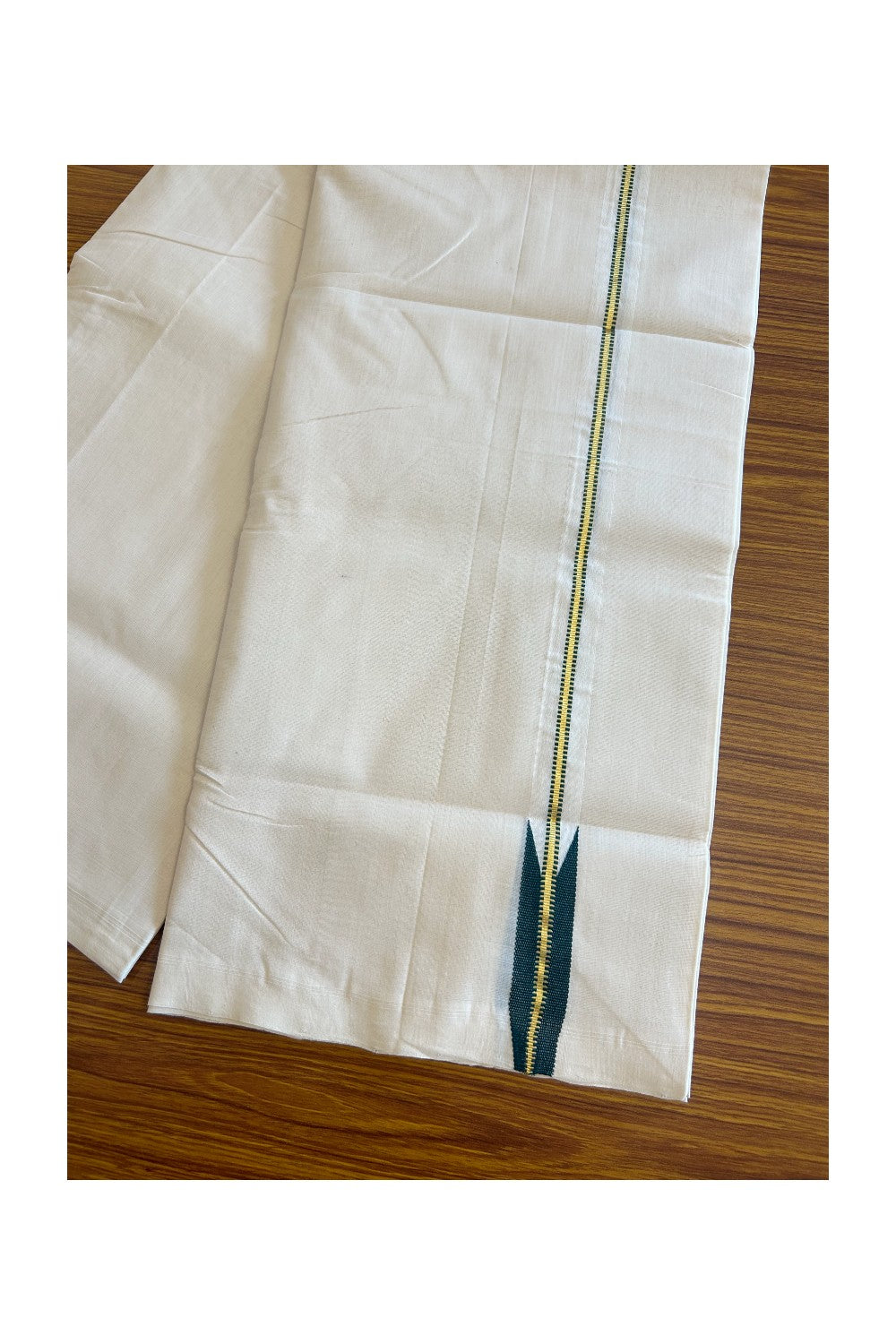 30% DISCOUNT!! KaithariKada HANDLOOM Unakkupaav Balaramapuram - 100% PURE Cotton OFF White Double - (Unbleached) Mundu/Dothi -1 inch puliyilakkara Dark Green & Gold Kasavu Chutty Kara- 10KK5105RAM