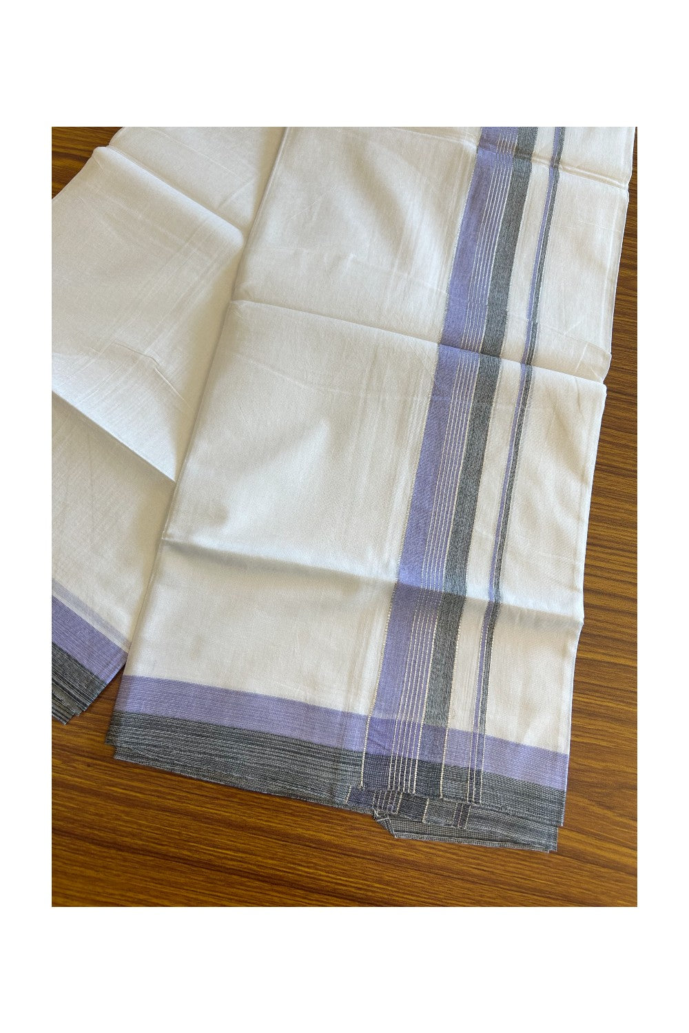 20% Discount !! KaithariKada Balaramapuram Double PURE WHITE Mundu/Dhoti- 100x80 - 2.25 inch Dark Lavender & Black Shaded with Silver Striped kara - 3.90 mtr - 10KK5112PMC