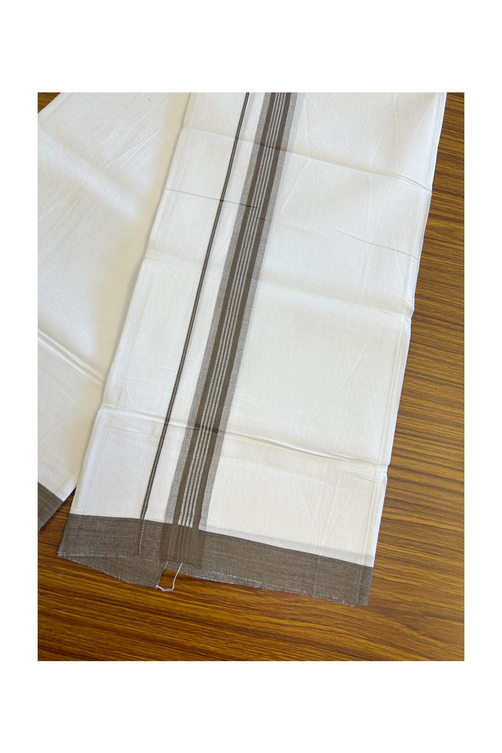8% DISCOUNT ! KaithariKada Balaramapuram 100% Cotton Pure white Single Mundu/Dhoti - (40S) - 1.75 inch Brown Striped Kara (2 meter / 4 muzham) - 10KK5115THI.
