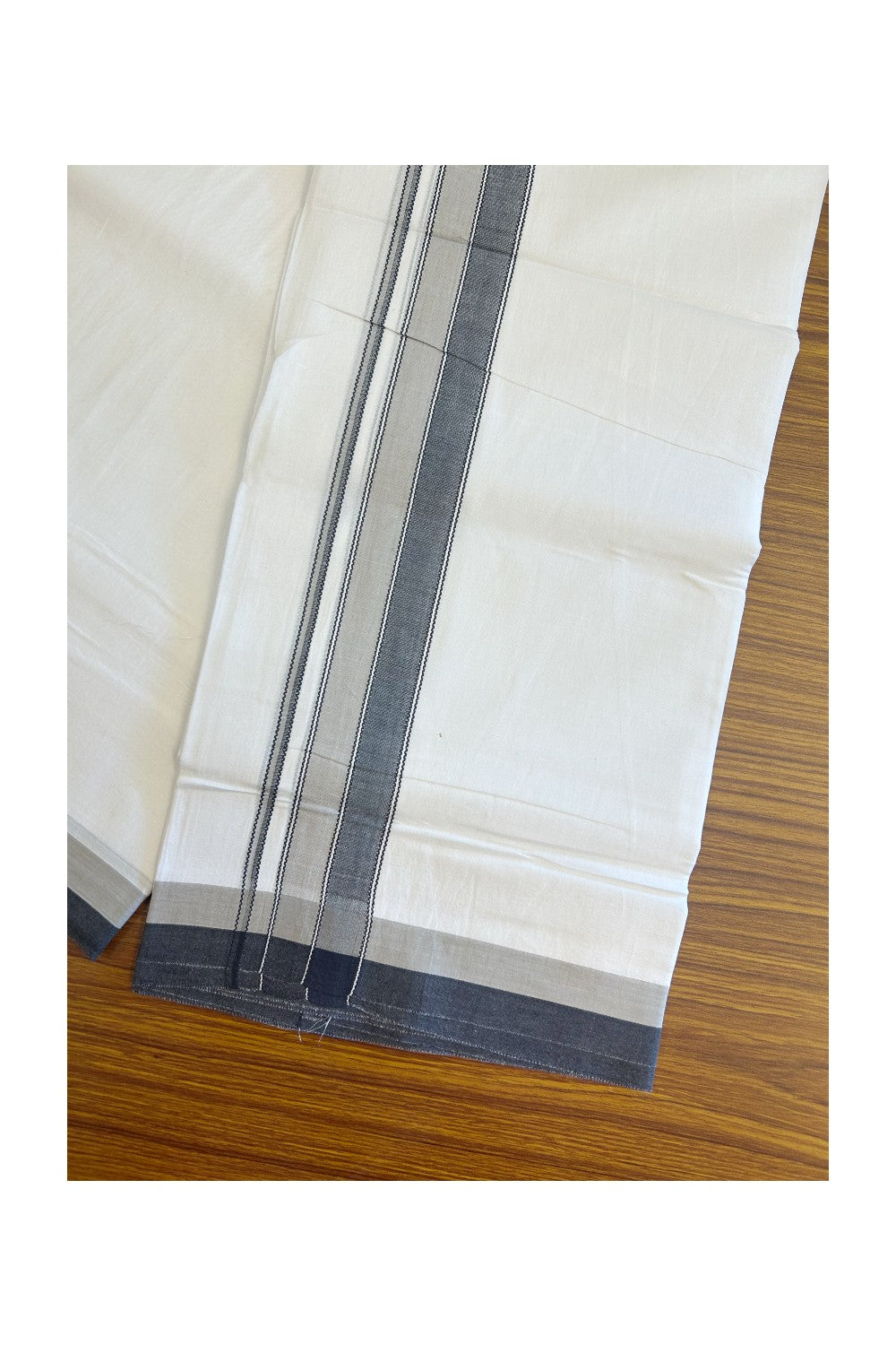 28% Discount! KaithariKada Balaramapuram 100% Cotton Pure White Double Mundu/Dhoti - 100x80 - 1.75 inch Light Grey & Black shaded designer kara - 10KK5134THI