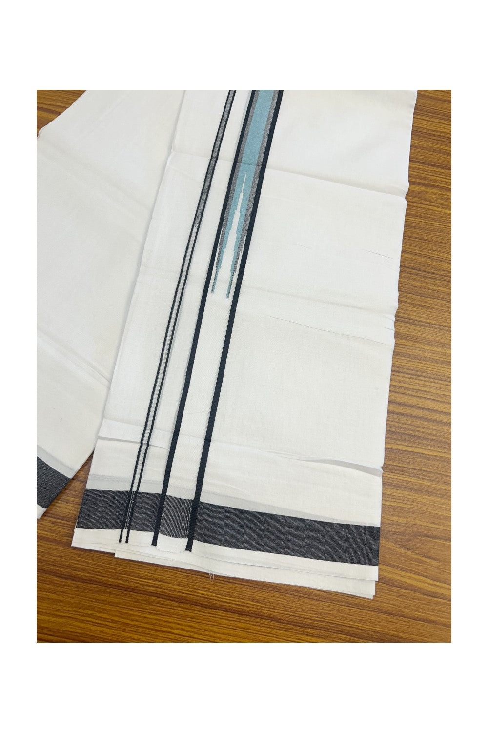 25% DISCOUNT! KaithariKada Balaramapuram 100% Mercerised Cotton Double ULTRA PURE white Mundu/Dhoti - 120x120 - 1.25 inch Heavy Chutty Black & Light Blue Green Shaded Kara -10KK5139THI