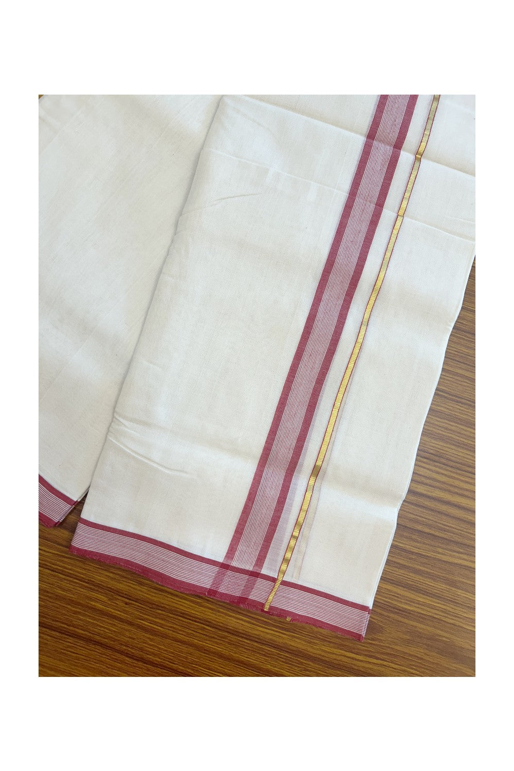 25% DISCOUNT! KaithariKada BALARAMAPURAM HANDLOOM UNAKKUPAAV - 100% PURE Cotton Off white (Unbleached) Double Mundu/Dhoti - 1.25 inch Gold Kasavu & Deep Red Striped Kara (8 Muzham) - 11KK5161SOM