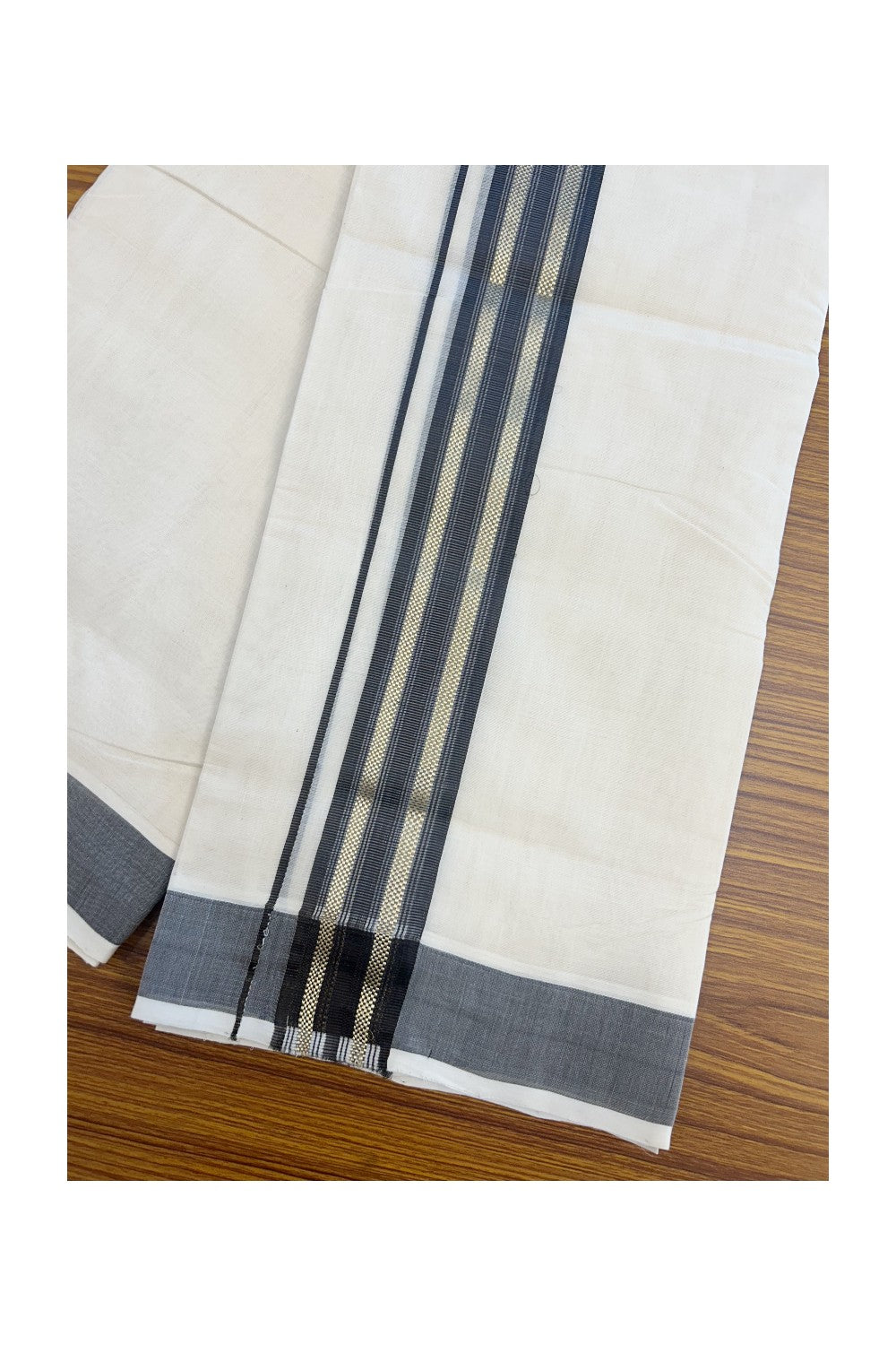 25% DISCOUNT!! KaithariKada HANDLOOM MILLPAAV Balaramapuram - 100% PURE Cotton OFF White - (Unbleached) Double Mundu/Dothi - 2.25 inch BROWN colour kasavu & Gold Kasavu Striped kara - 3KK5170RAM