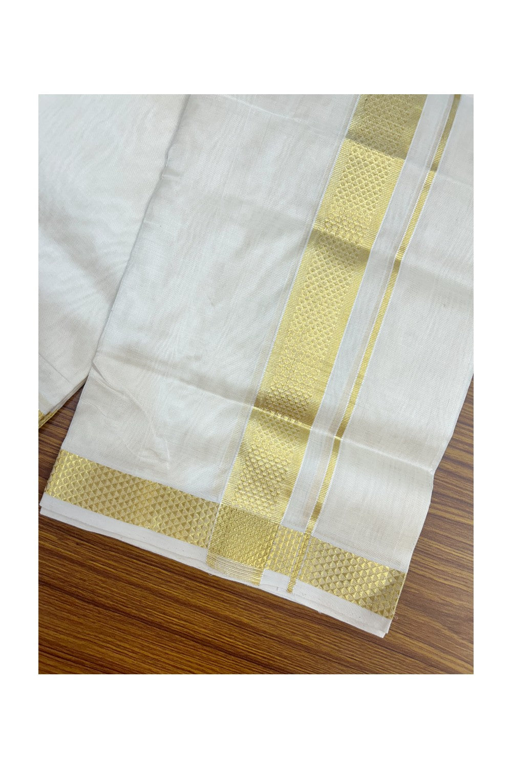 HANDLOOM Pure SILK Dhoti NEW! 25% DISCOUNT from Kaitharikada.com - BALARAMAPURAM Handloom Unakkupaav - OFF WHITE - Double Mundu/Dhoti - 100x100 - Pure cotton + Silk - 1.75 inch Gold Kasavu Designer Kara - 10KK5176ABH