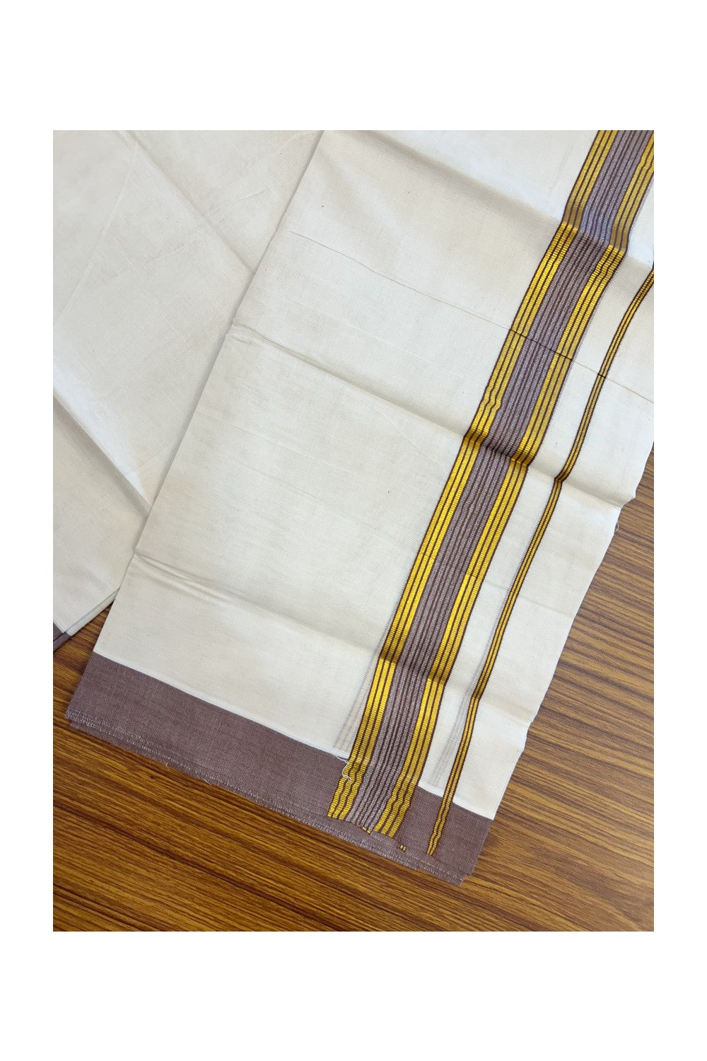 20% DISCOUNT! KaithariKada Balaramapuram Double OFF WHITE Mundu/Dhoti - 80x80- 1.5 Inch Gold Kasavu & Rosy Brown Shaded striped Kara - 10KK5182VAS