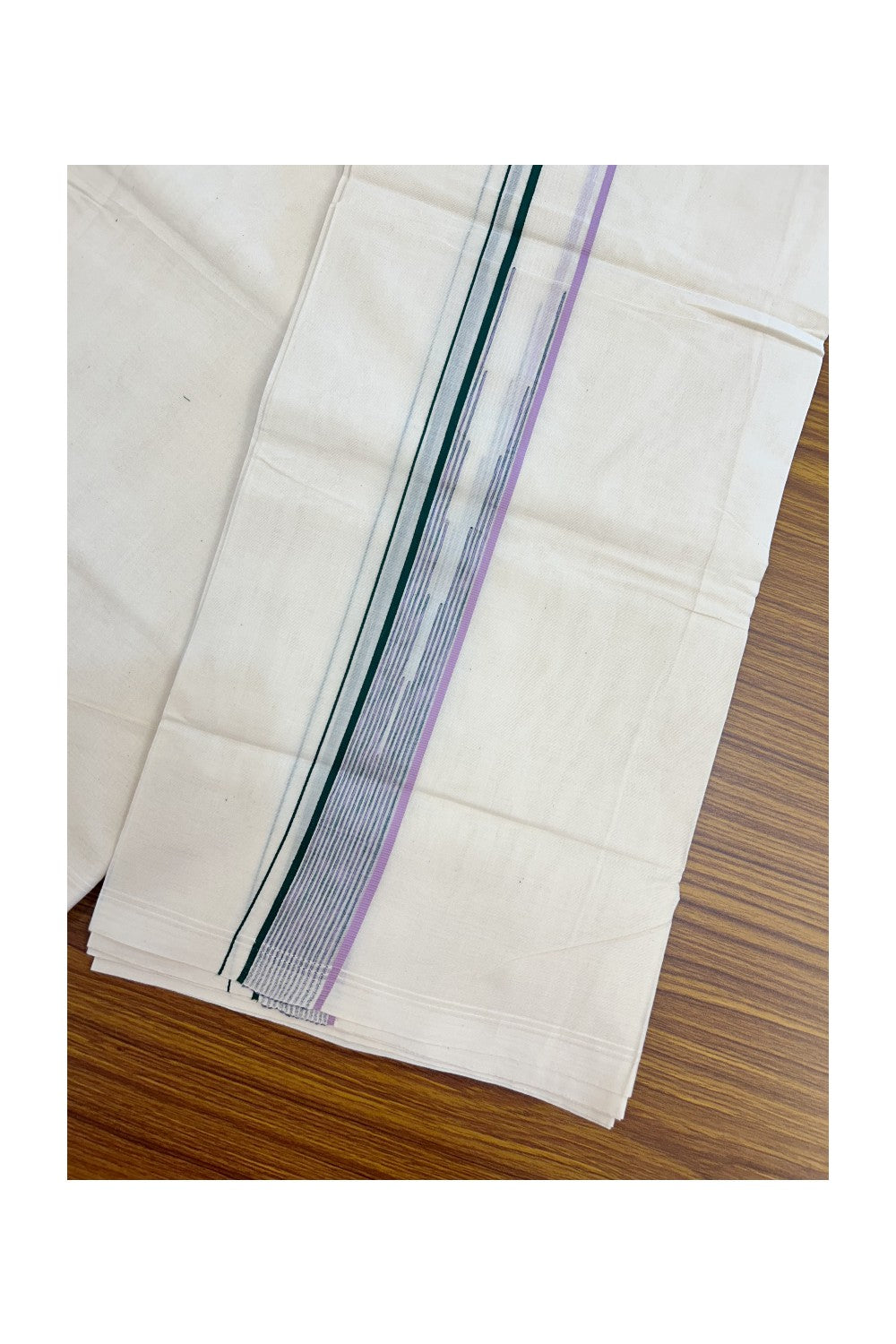 20% Discount ! Kaitharikada Balaramapuram 100% Cotton Double Off white (Unbleached) Mundu/Dhoti - 100x80 - 1.5 inch Lavender & Green Stripes Chutty Kara - 10KK5186CKS