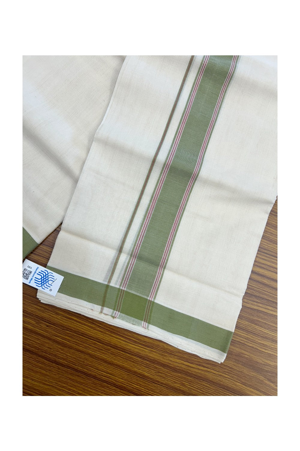25% Discount KaithariKada HANDLOOM Unakkupaav Balaramapuram - 100% PURE Cotton off white (Unbleached) Double Mundu/Dhoti - 80X90 - 1.75 inch Light Green & Magenta Stripes Kara 3.80 mtr - 10KK5192ELA