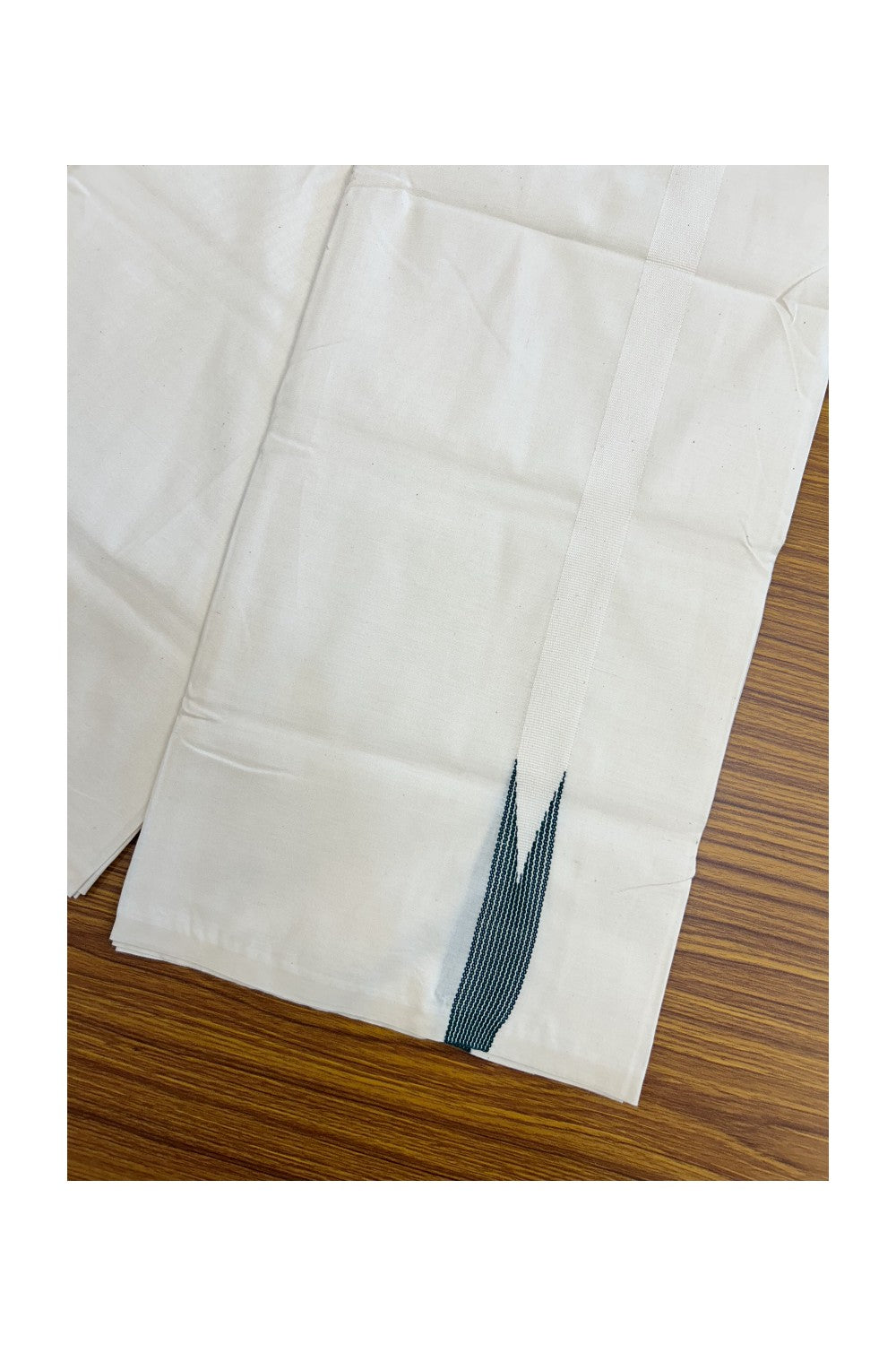 20% DISCOUNT ! KaithariKada Balaramapuram 100% COTTON SINGLE OFF WHITE (Unbleached) Mundu/Dhoti-Twisted 100s Thread- 1 inch Puliyilakkara Dark Green Striped Chutty Kara (2 meter / 4 muzham)- 10KK5203ASH