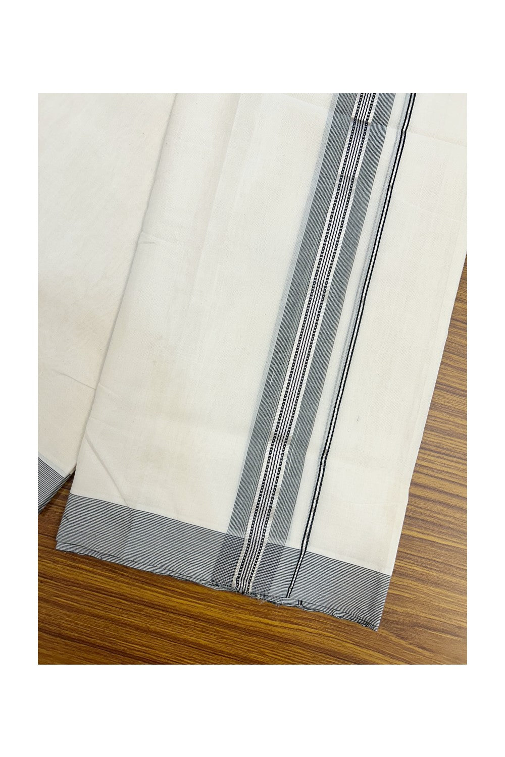 25% DISCOUNT!! KaithariKada HANDLOOM UNAKKUPAAV Balaramapuram - 100% PURE Cotton OFF White Double - (Unbleached)- Mundu/Dothi - 80X100 - 1.25 inch Black & Silver Kasavu Striped Kara - 10KK5209 REA