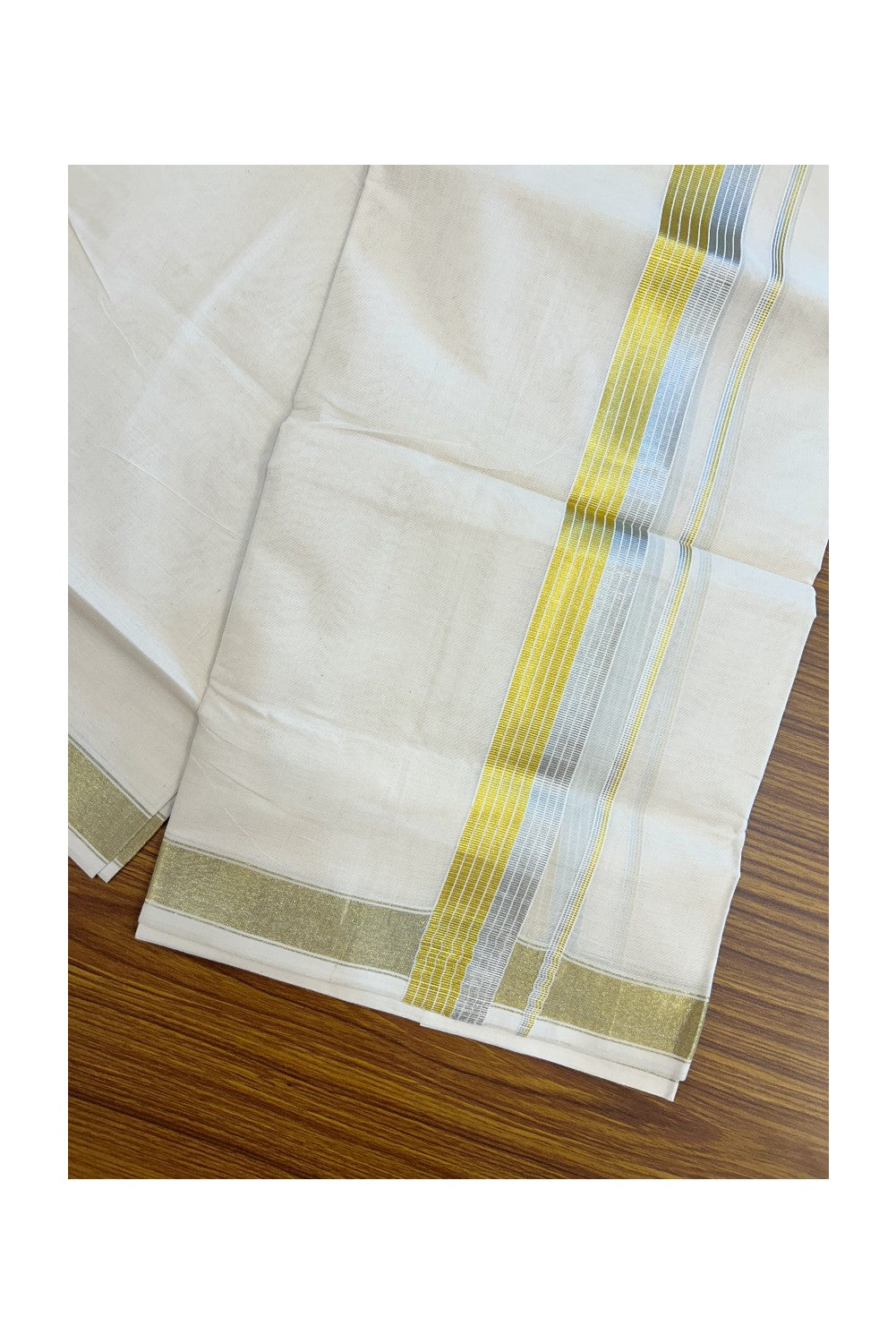 20% DISCOUNT ! KaithariKada Balaramapuram - 100% PURE Cotton Off White - (Unbleached) Double Mundu/Dhoti - 100X80 - 1.5 inch Gold Kasavu & Silver Kasavu Striped Kara - 10KK5212 VIN
