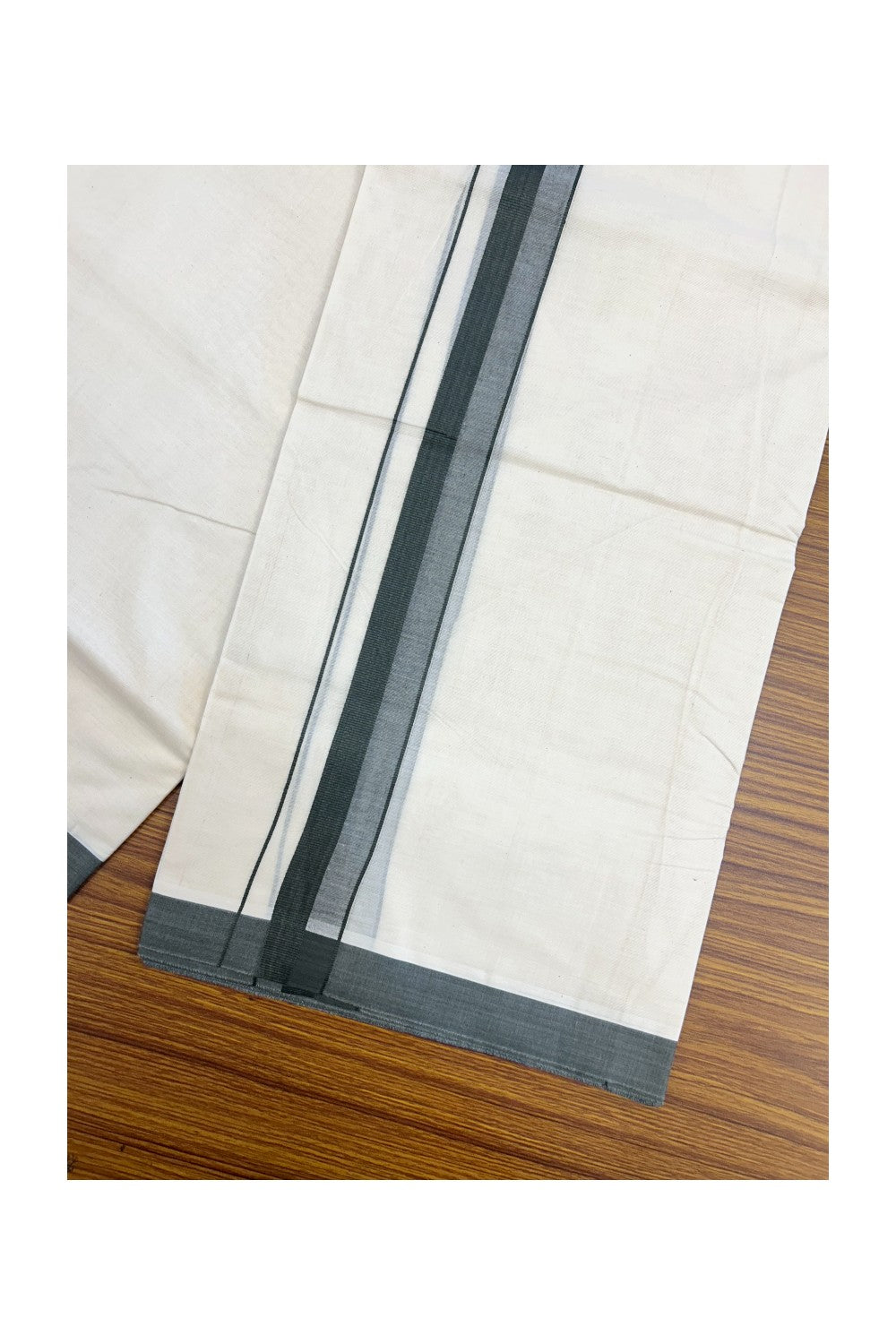 24% Discount ! KaithariKada Balaramapuram 100% Cotton Double OFF WHITE- (Unbleached) - Mundu / Dhoti- 100x80 - 1.5 inch Dark Olive Green Kara - 10KK5214 MC