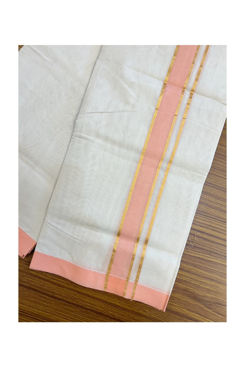 NEW !! 20% DISCOUNT!! KaithariKada Balaramapuram 100% Cotton Double Off white - (Unbleached) Mundu/Dhoti-100x80 - 1.5 inch Gold Kasavu & Peach Shaded Striped KARA - 3.75 mtr (8 Muzham) - 10KK5218 ASH